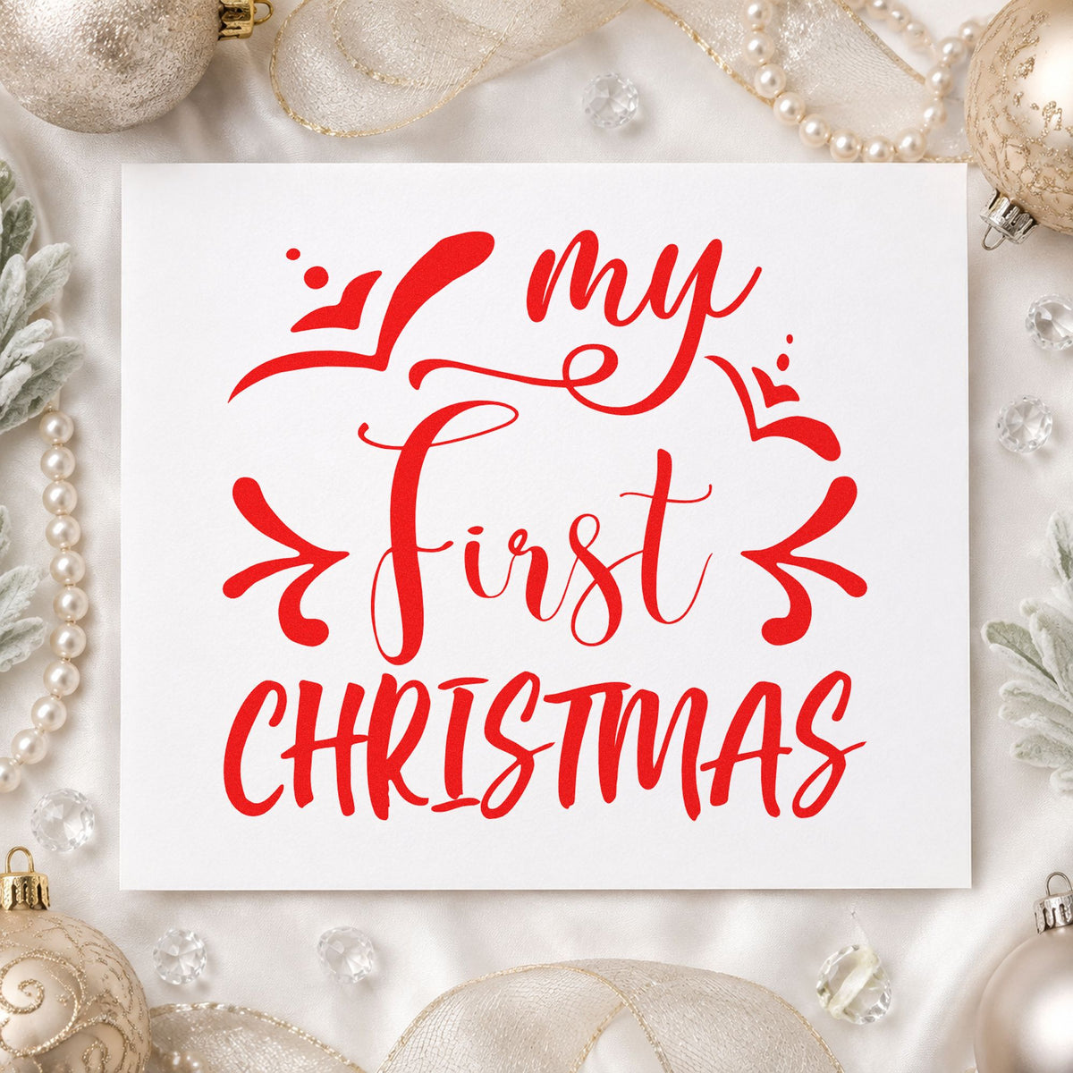 My First Christmas craft stamp in red ink on cardstock, an easy option for blanket edge printing.