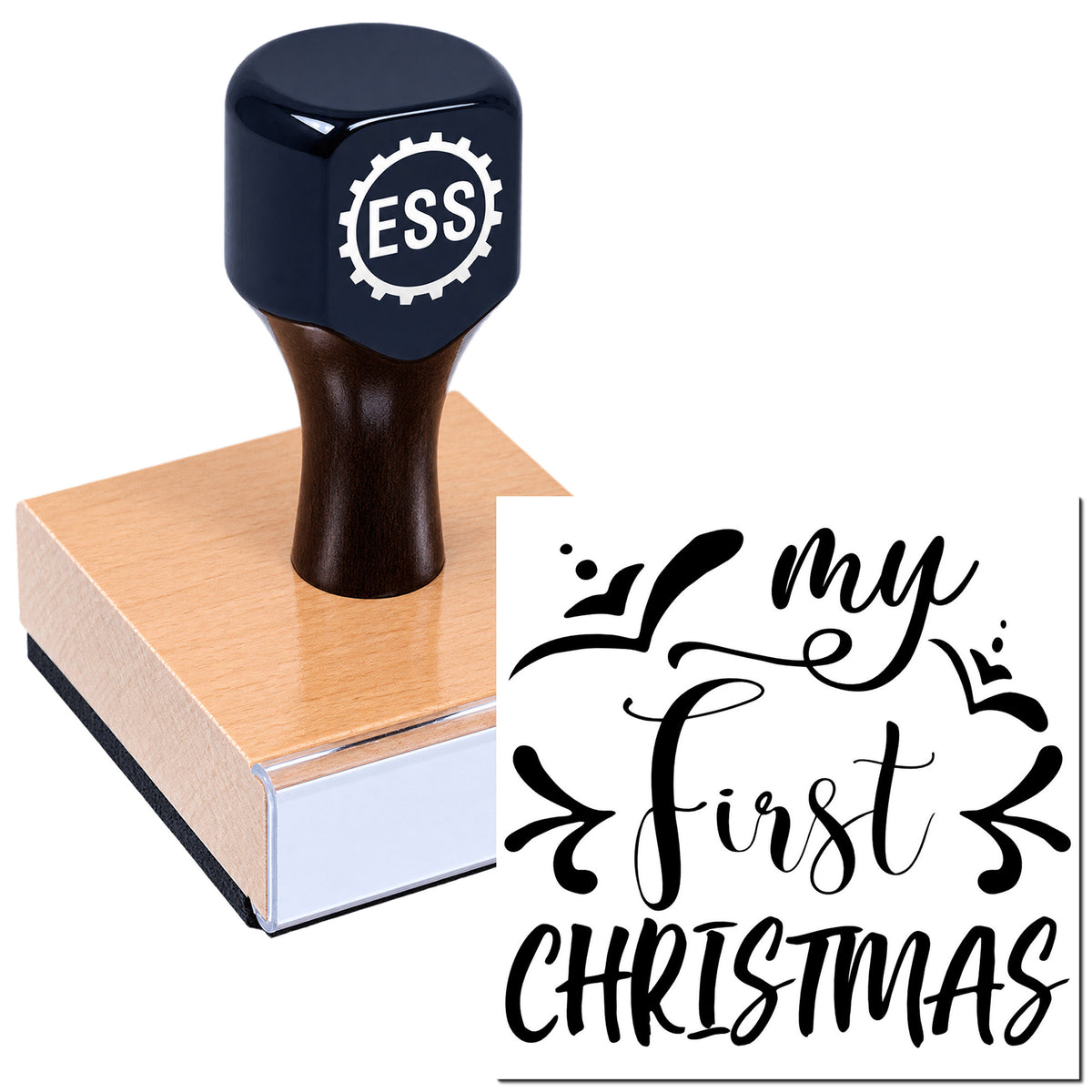 Navy custom stamp and seal with ESS logo on a peach block beside black "My First Christmas" design.