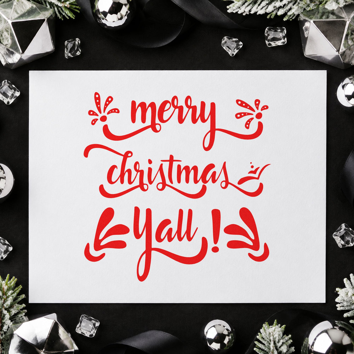 Merry Christmas Yall rubber stamp shown in red ink, stamped for projects such as cutting bucket labels.