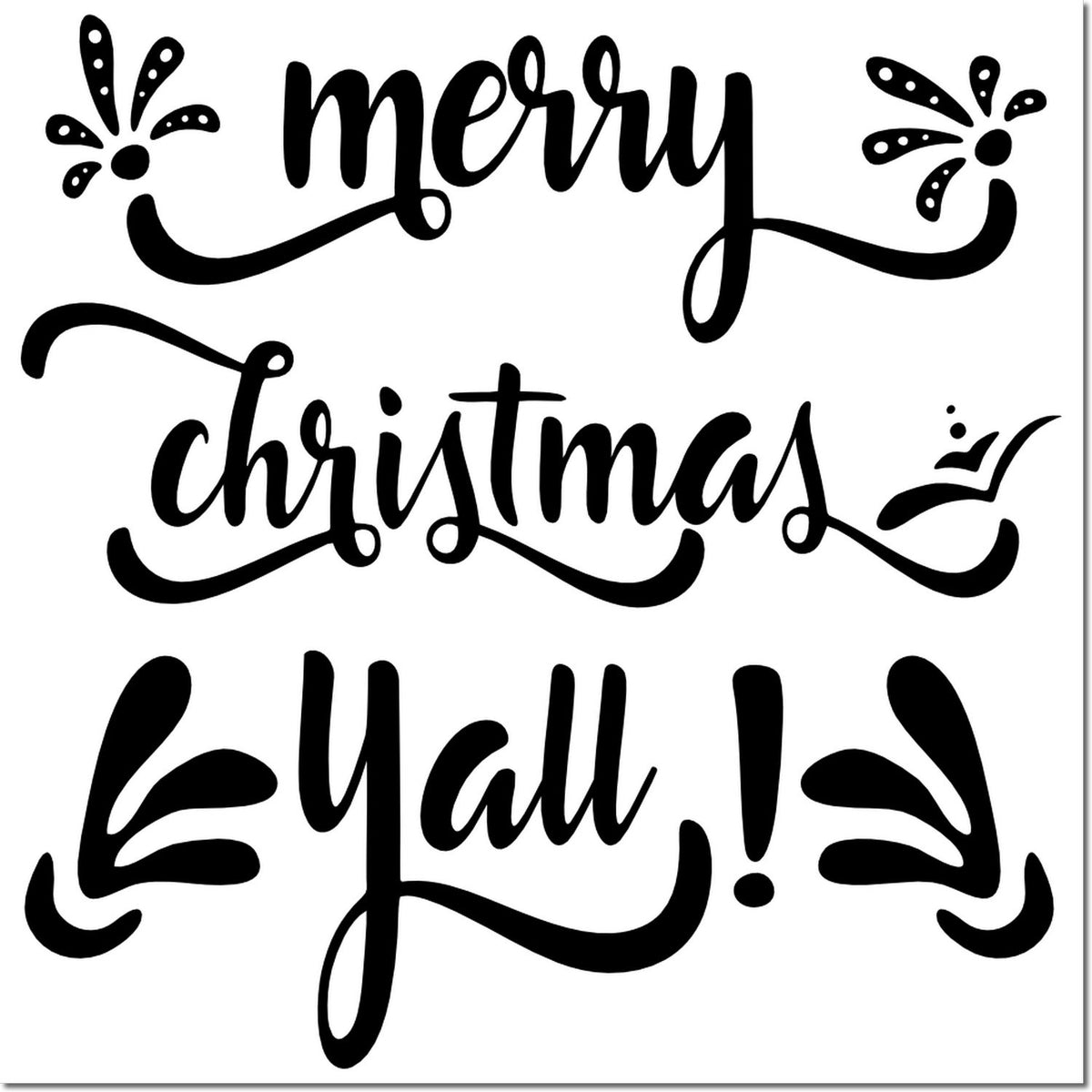 Black Merry Christmas Yall decorative stamp and seal design with festive flourishes and firework accents.