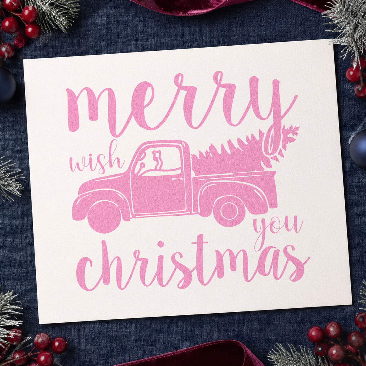 Merry Christmas Pickup Tree craft stamp in purple ink on cardstock, an easy option for delivery day album.