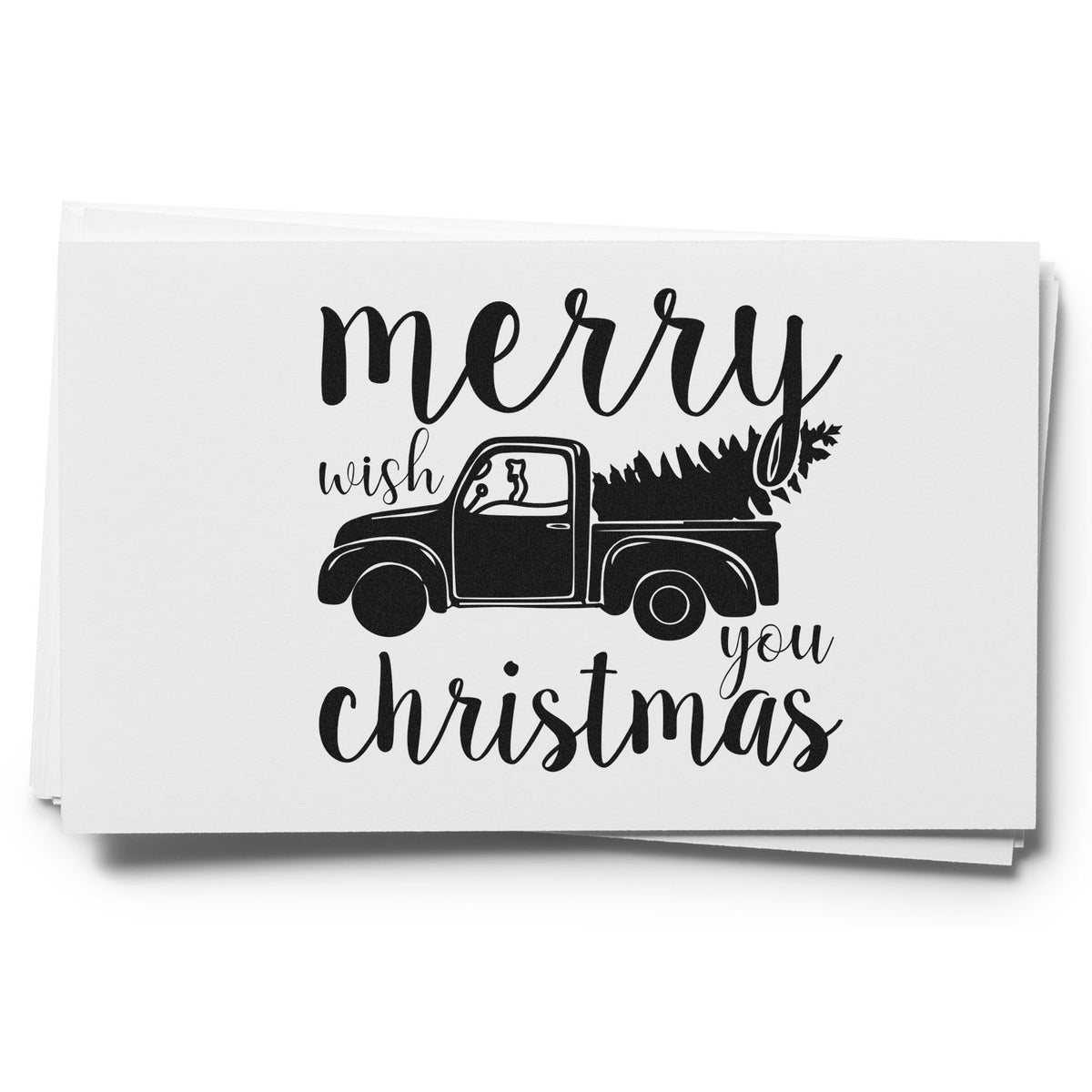 Black Christmas stamp design with vintage pickup truck, tree, and merry wish you Christmas text on white card.