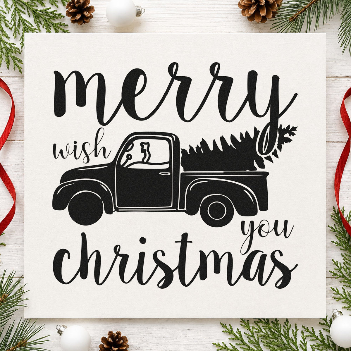 Merry Christmas Pickup Tree rubber stamp printed in black ink, ready for big tree haul cards and similar paper crafts.