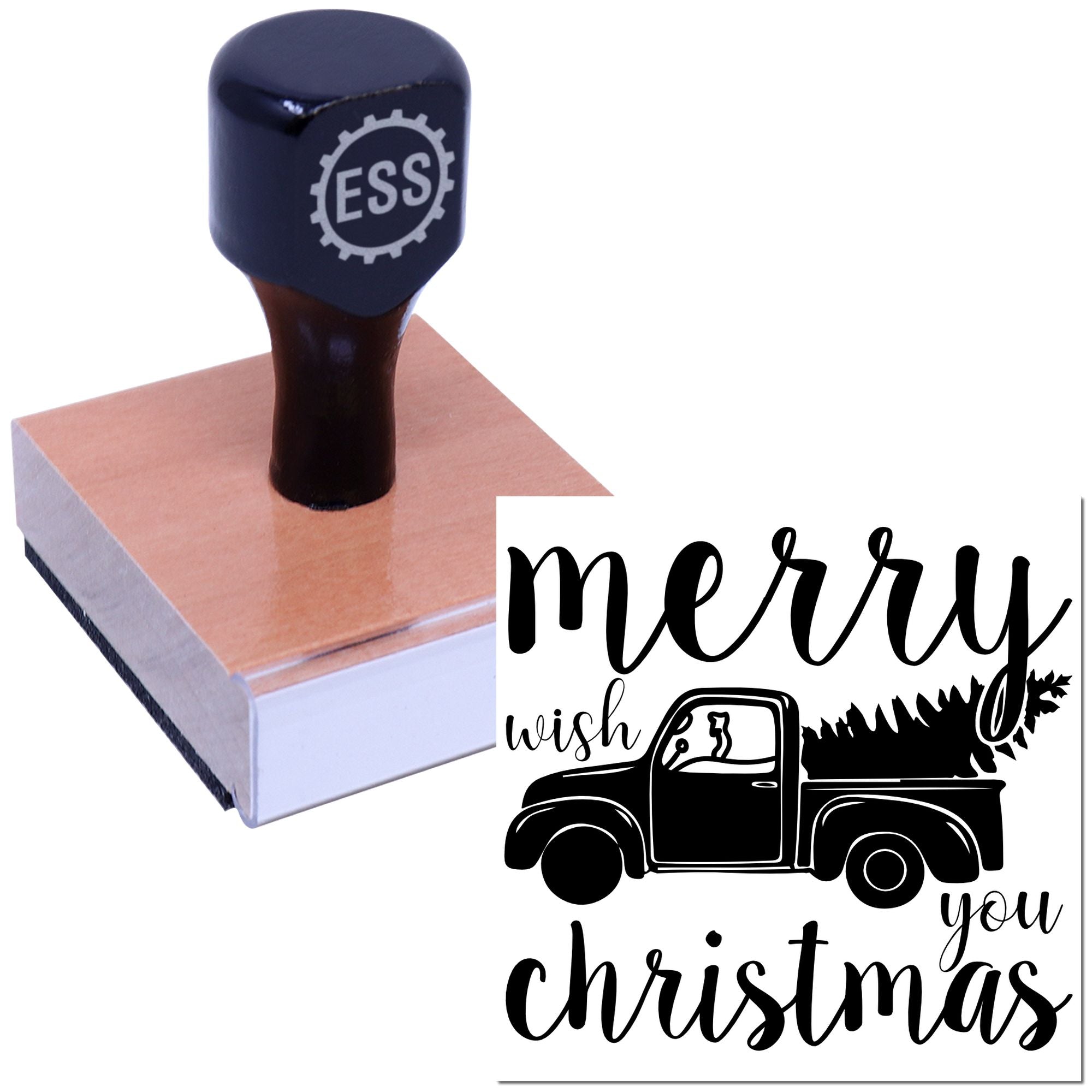 Dark blue ESS stamp and seal on wood block, showing a black merry wish you christmas truck design.