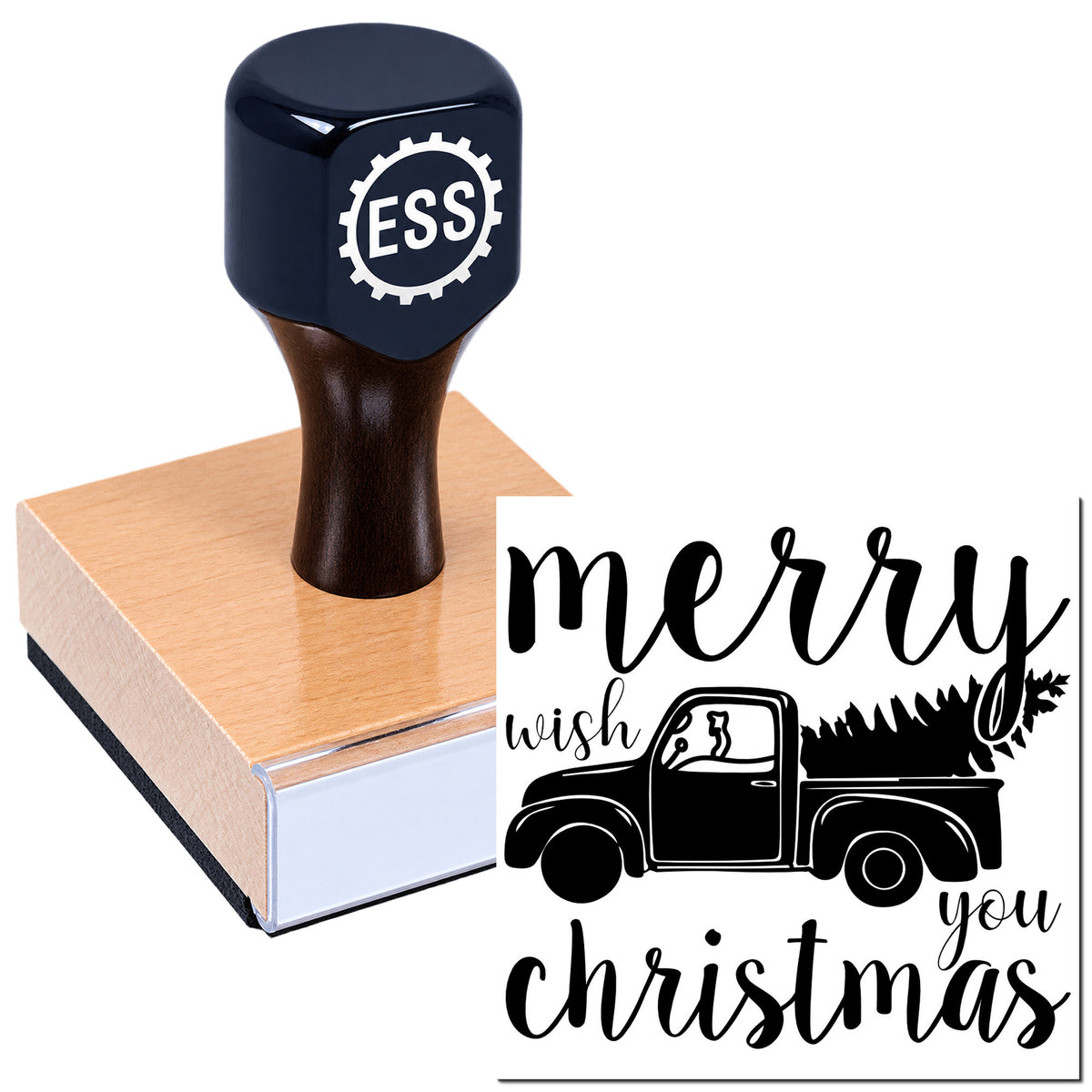 Dark blue ESS stamp and seal on wood block, showing a black "merry wish you christmas" truck design.