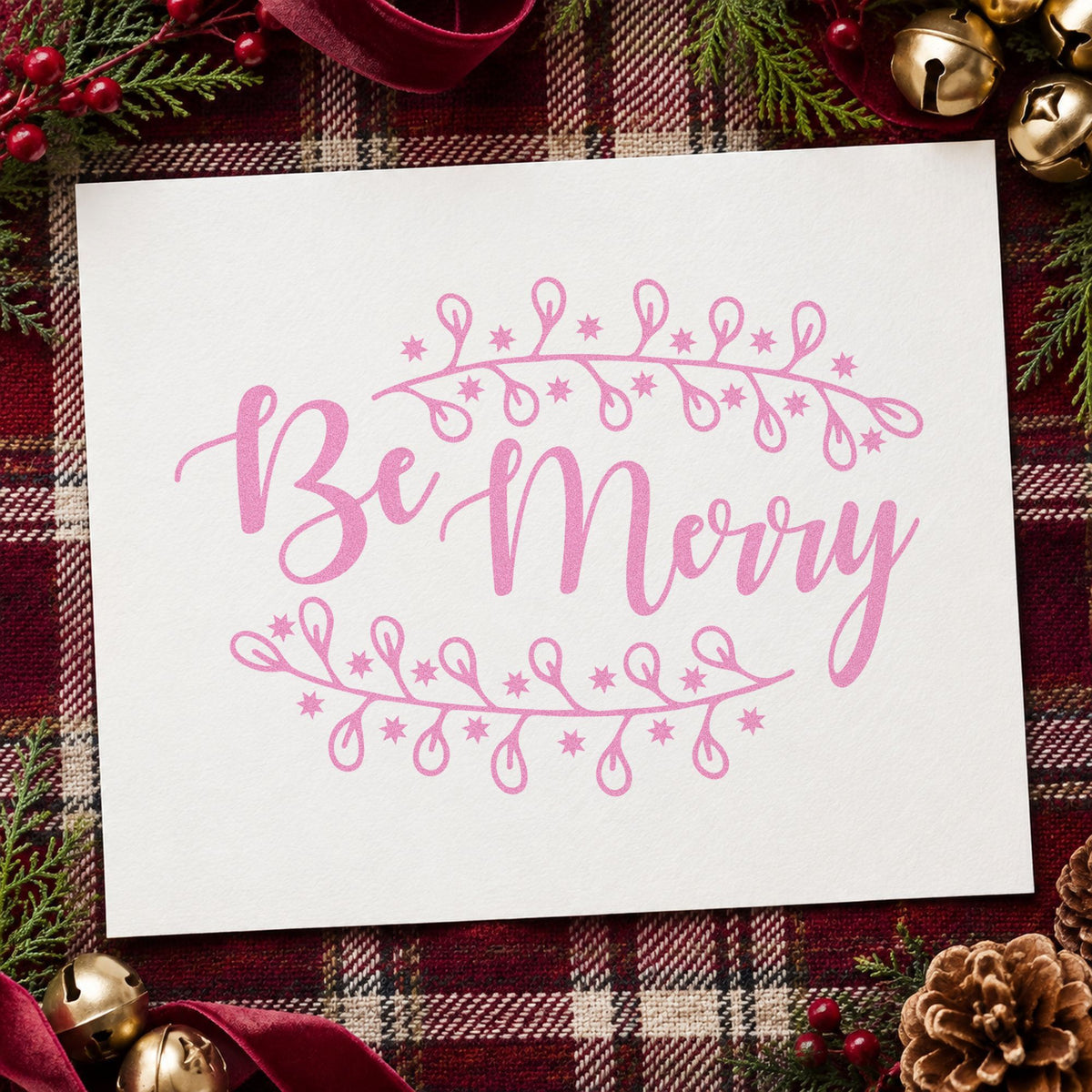 Be Merry Botanical Border craft stamp in purple ink on cardstock, an easy option for herbarium album page.
