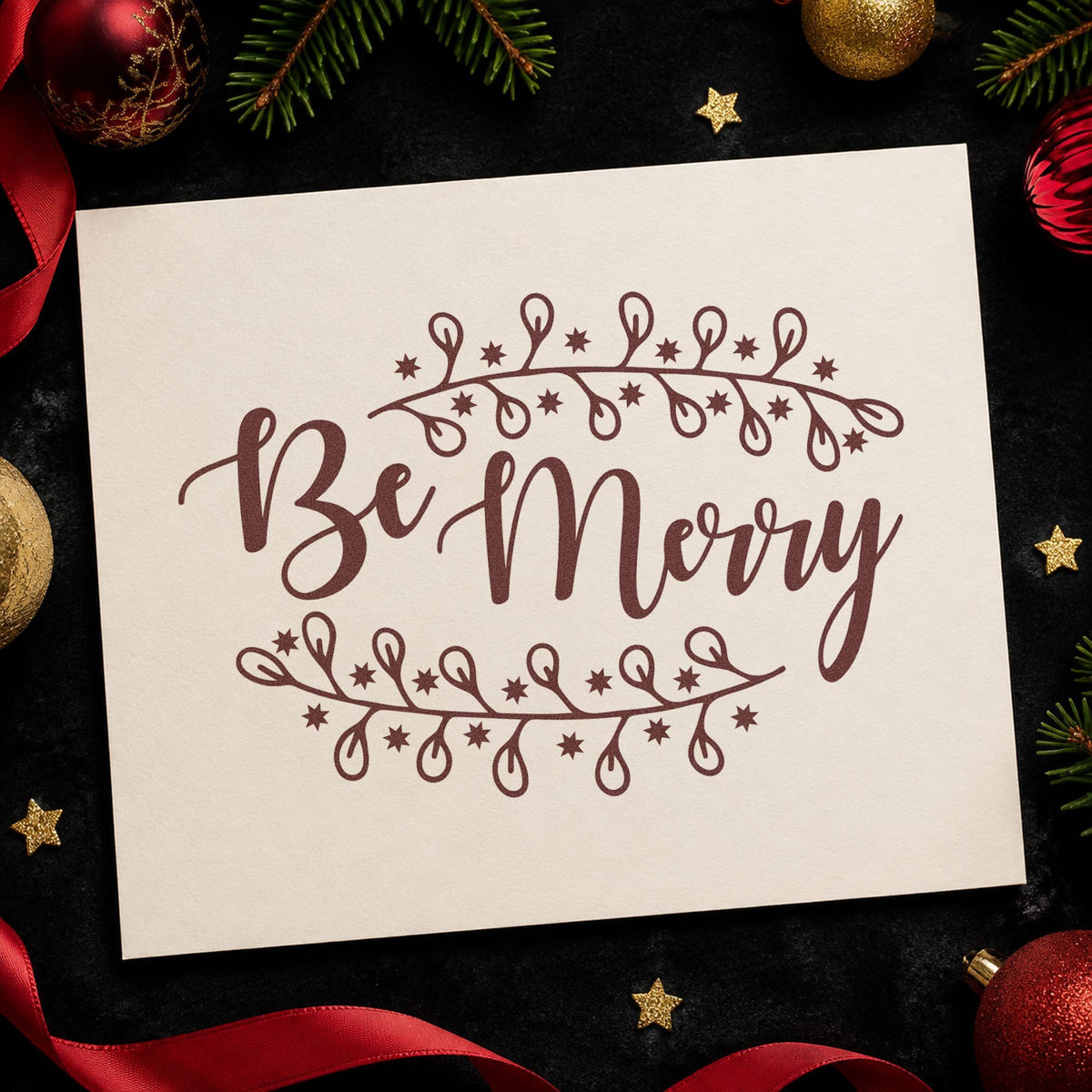 Be Merry Botanical Border rubber stamp printed in brown ink, ready for plant care sheet and similar paper crafts.