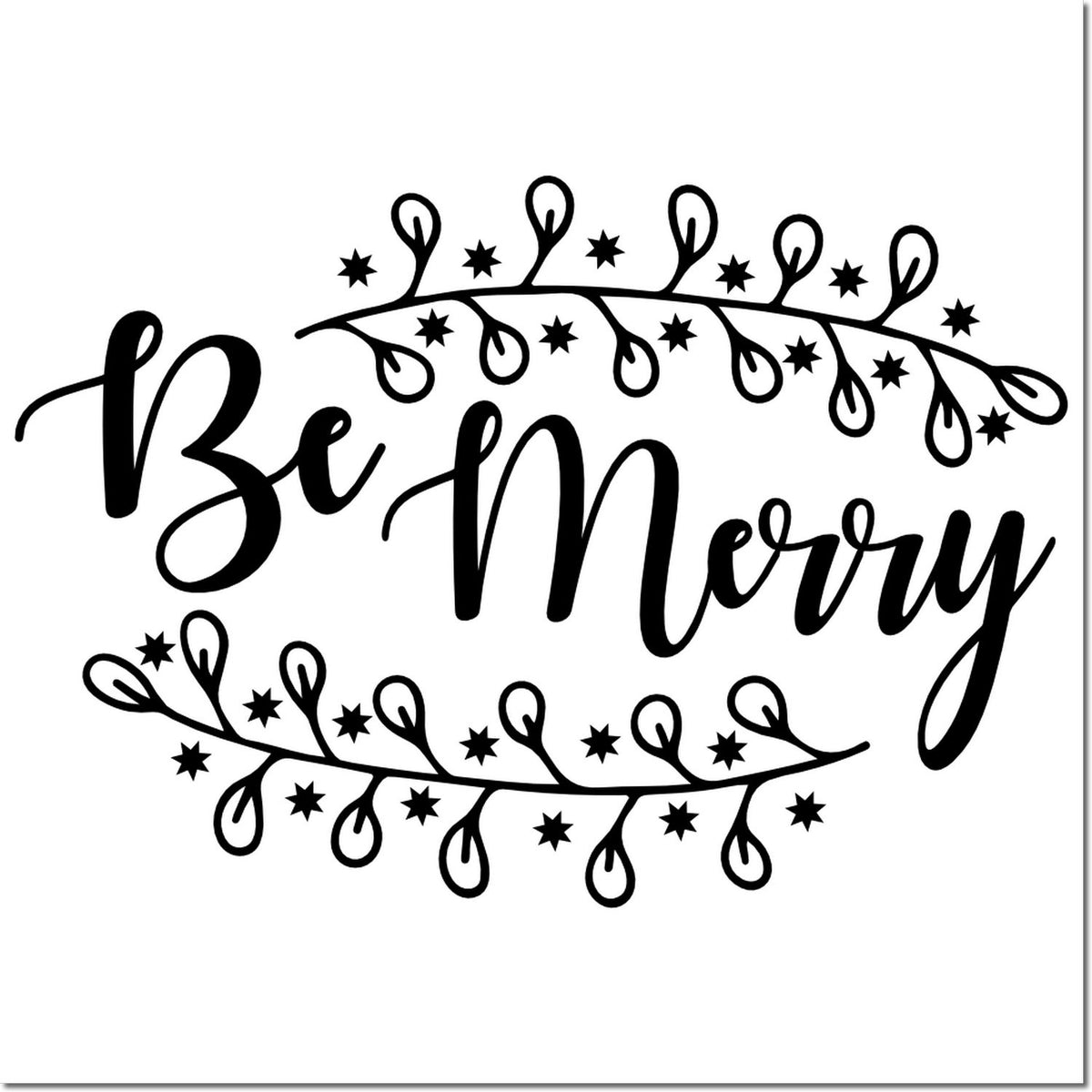 Black Be Merry script stamp seal with festive wreath, string lights, and stars on white background.