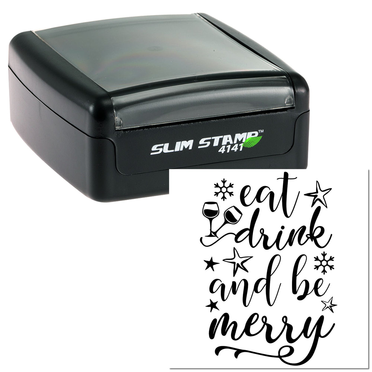 Black Slim Stamp self-inking seal with eat drink and be merry design, wine glasses, stars and snowflakes.