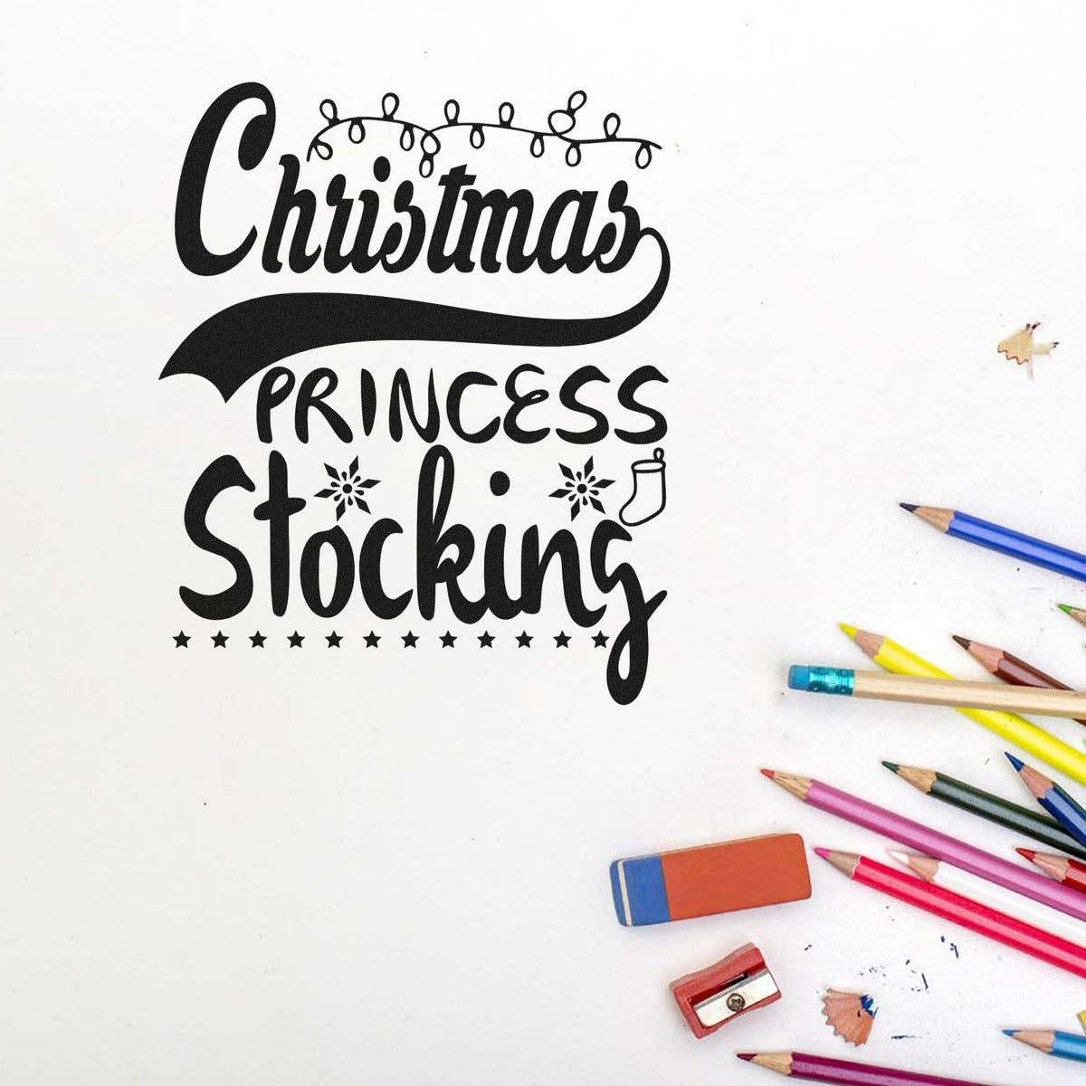 Black Christmas Princess Stocking stamp and seal design with string lights, stars, and stocking outline on white background.