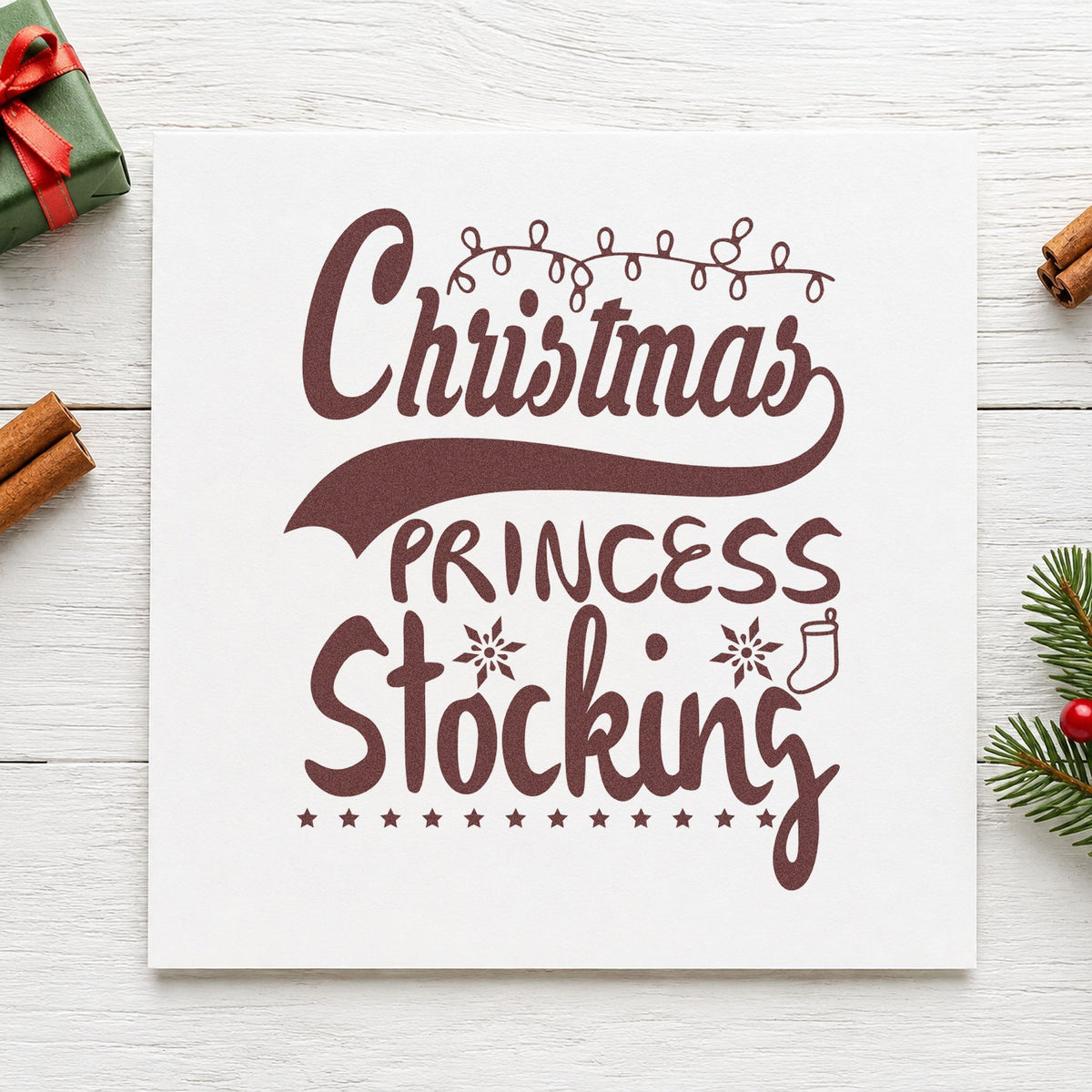 Christmas Princess Stocking rubber stamp printed in brown ink, ready for filler idea sheet and similar paper crafts.
