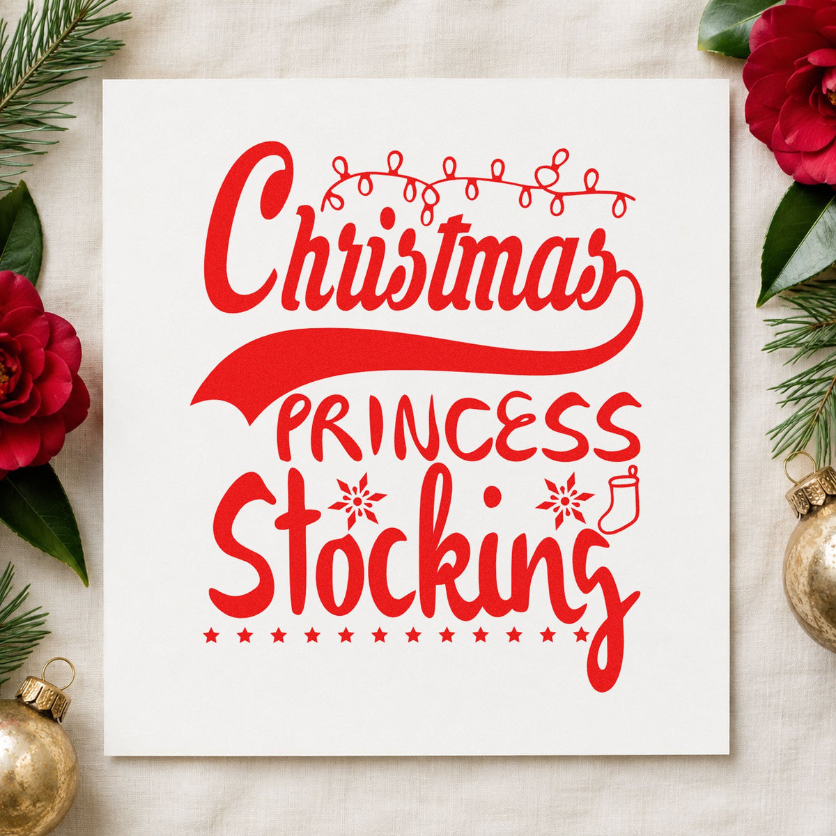 Christmas Princess Stocking craft stamp in red ink on cardstock, an easy option for velvet cuff printing.