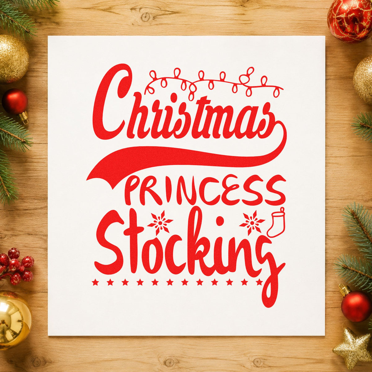 Christmas Princess Stocking rubber stamp shown in red ink, stamped for projects such as gift bin labels.