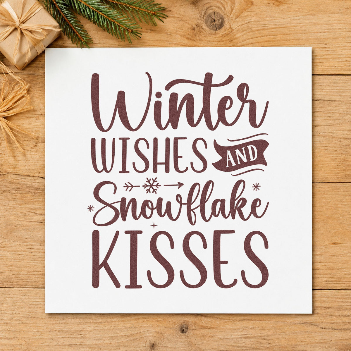 Winter Wishes Snowflake Kisses rubber stamp printed in brown ink, ready for poem draft sheet and similar paper crafts.
