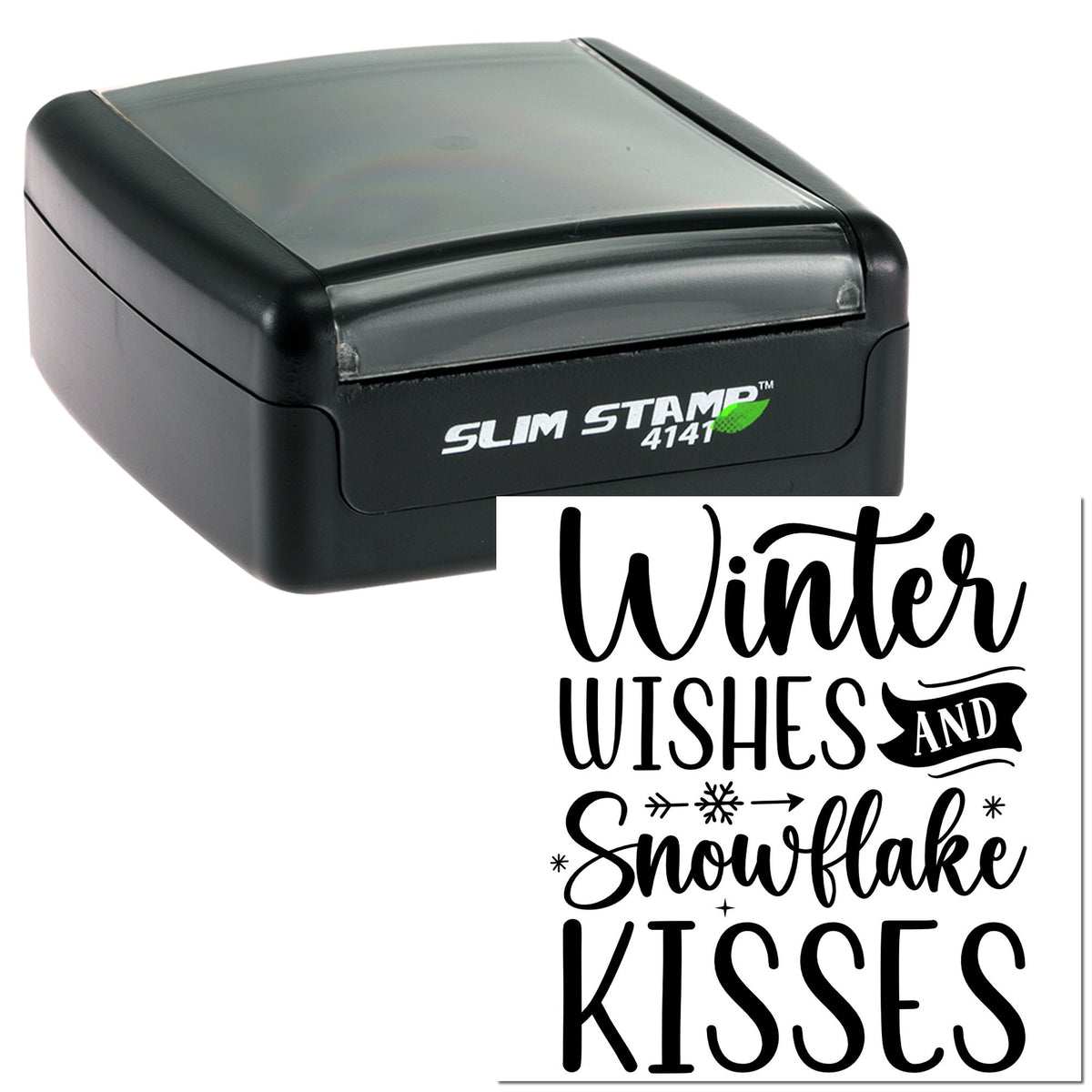 Black self-inking Slim Stamp 4141 with winter wishes and snowflake kisses seal design.