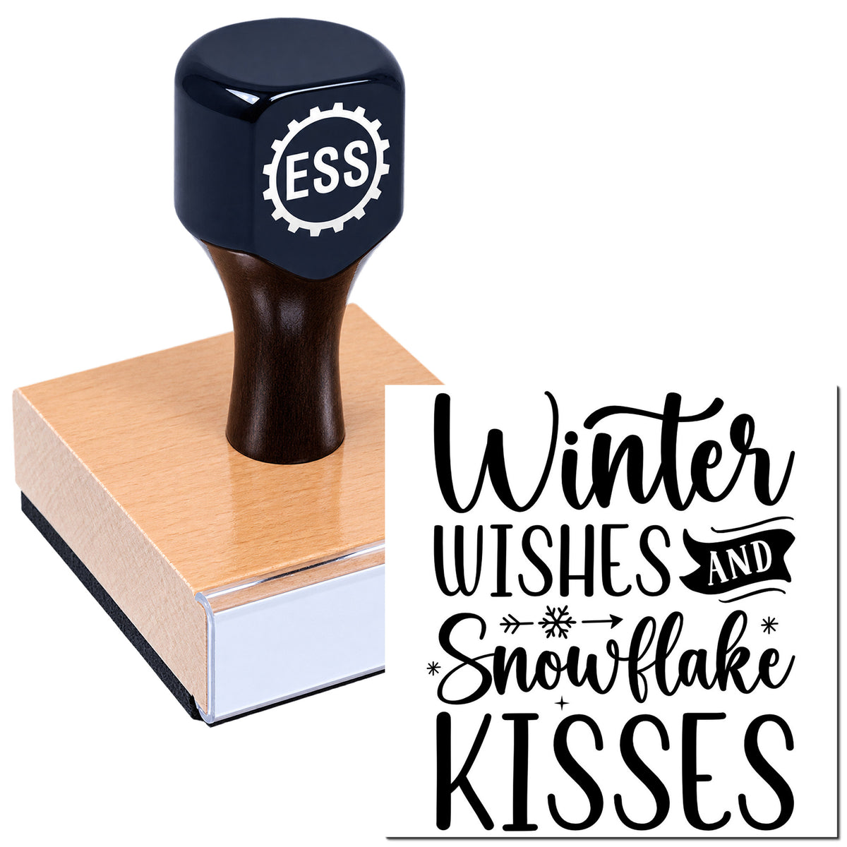 Dark blue ESS stamp and seal on a wooden block beside black winter text reading "Winter wishes and snowflake kisses."