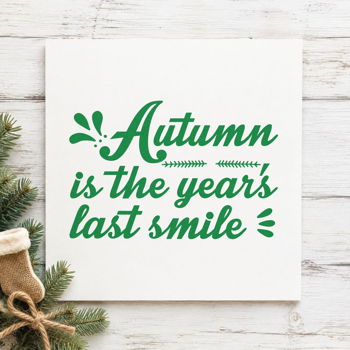 Autumn Year's Last Smile craft stamp imprint in green ink on a handmade project, one idea being harvest gift tags.