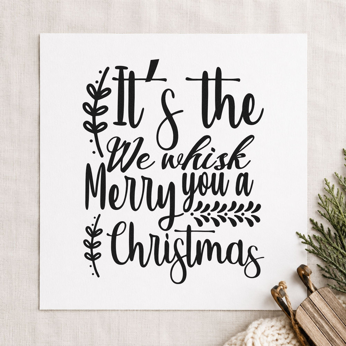 We Whisk Merry Christmas rubber stamp printed in black ink, ready for scrambled stack cards and similar paper crafts.