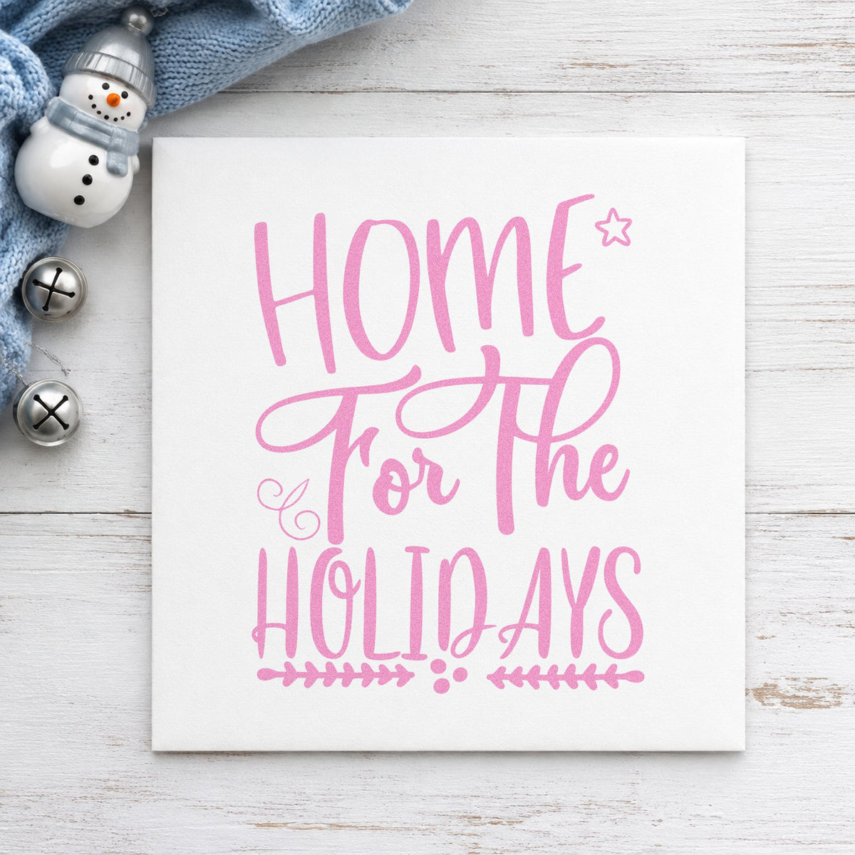 Home For The Holidays craft stamp in purple ink on cardstock, an easy option for homecoming album page.