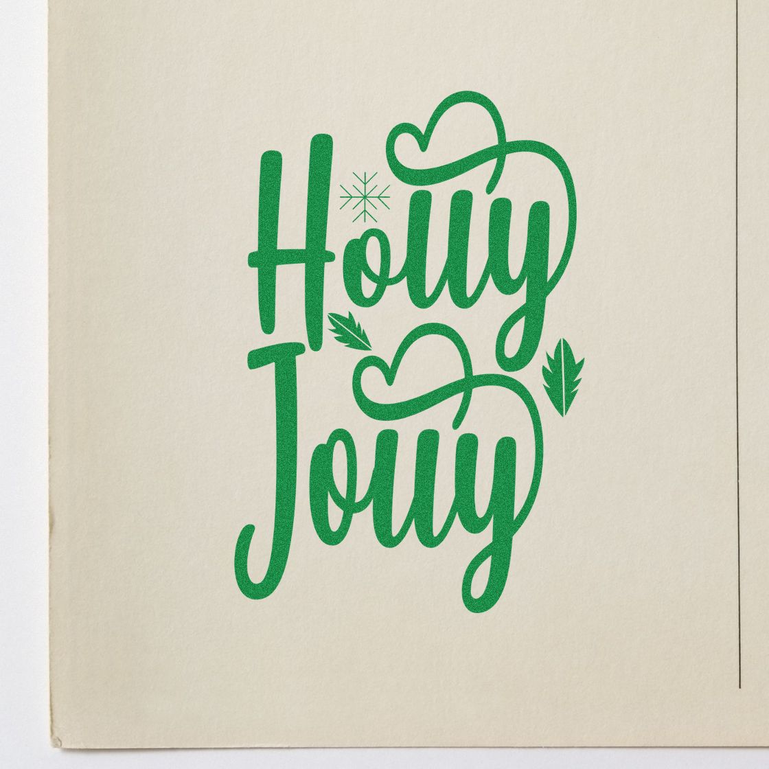 Green Holly Jolly stamp and seal design with holly leaves and snowflake on cream paper.