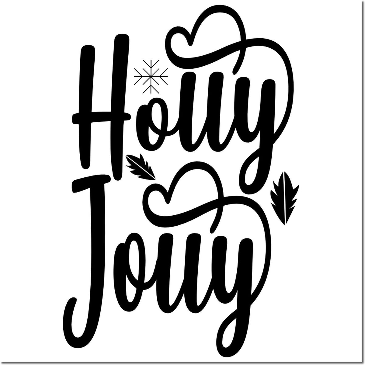Black Holy Jolly holiday stamp and seal design with holly leaves and snowflake on a white background