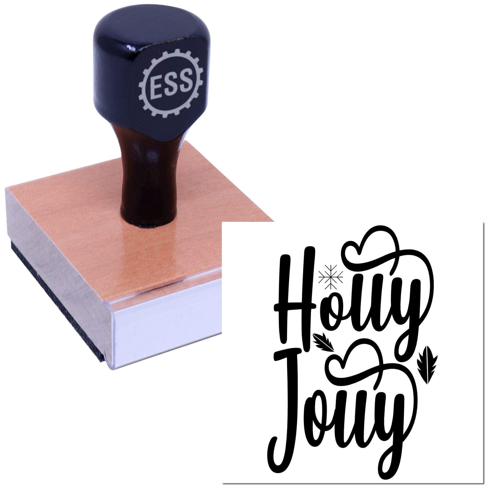 Dark blue ESS self-inking stamp on a copper seal block, showing black Holy Jolly script with heart and leaf accents.