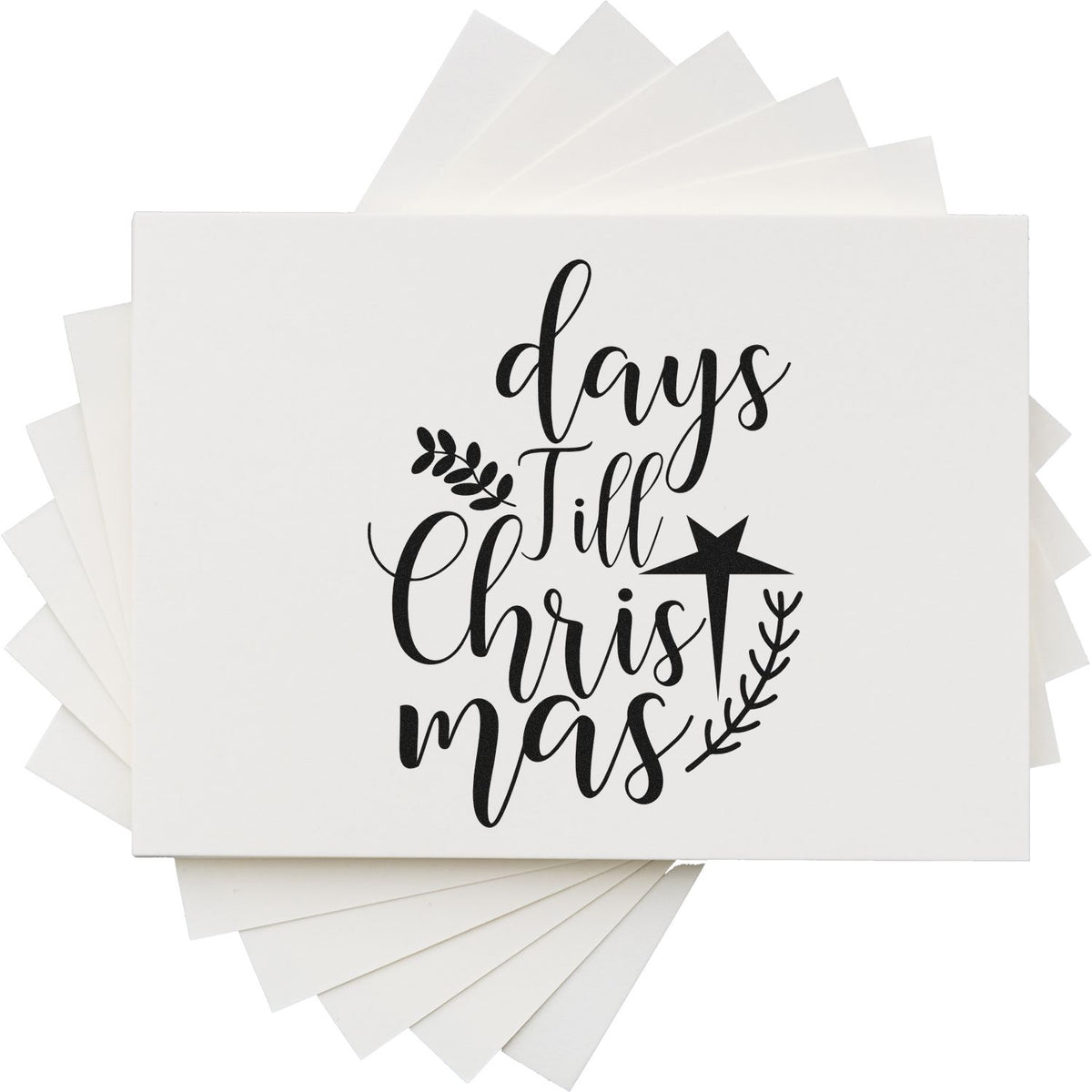 White stamp and seal cards with black script days Till Christmas, star, and leafy accents.
