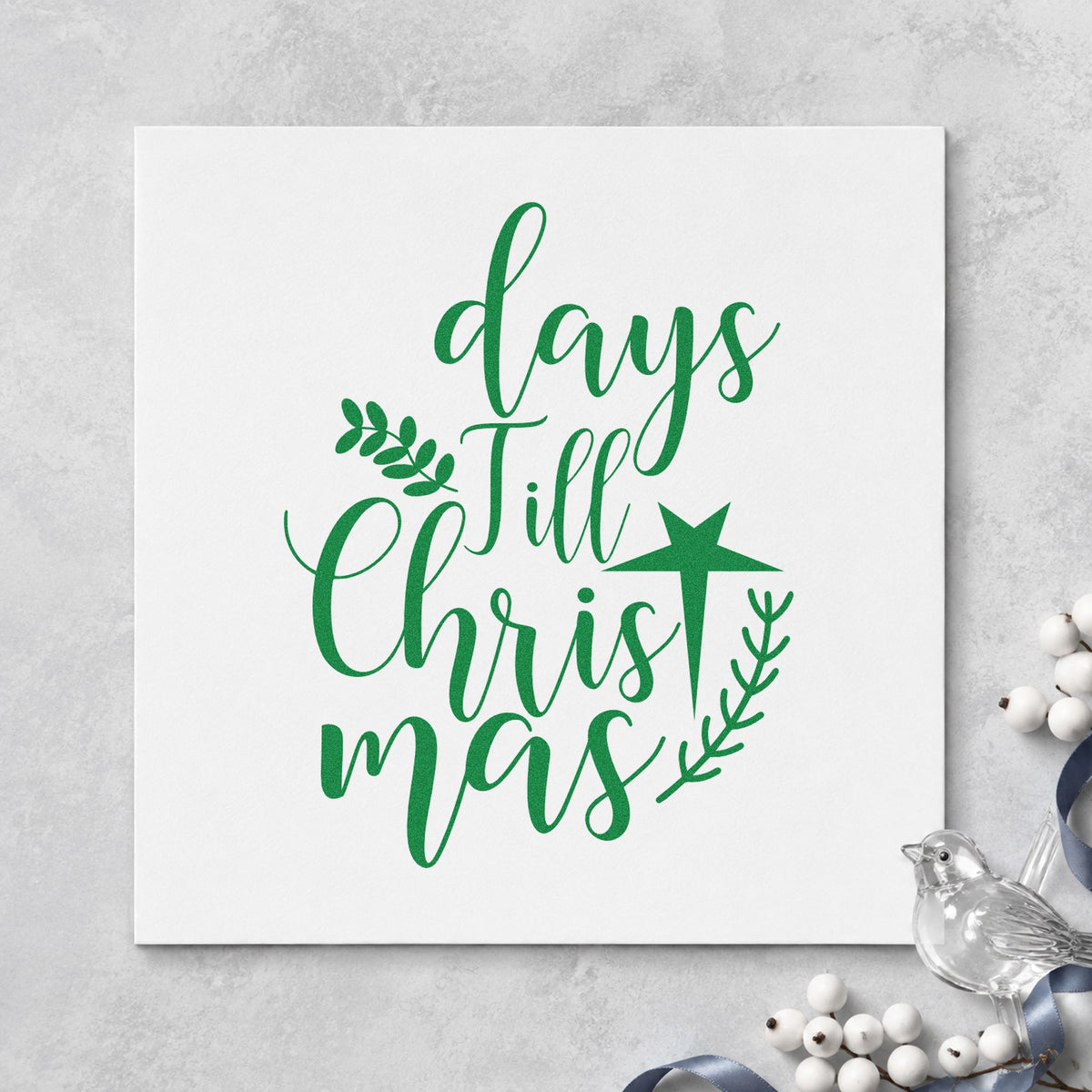 Days Till Christmas craft stamp imprint in green ink on a handmade project, one idea being strip hang gift tags.
