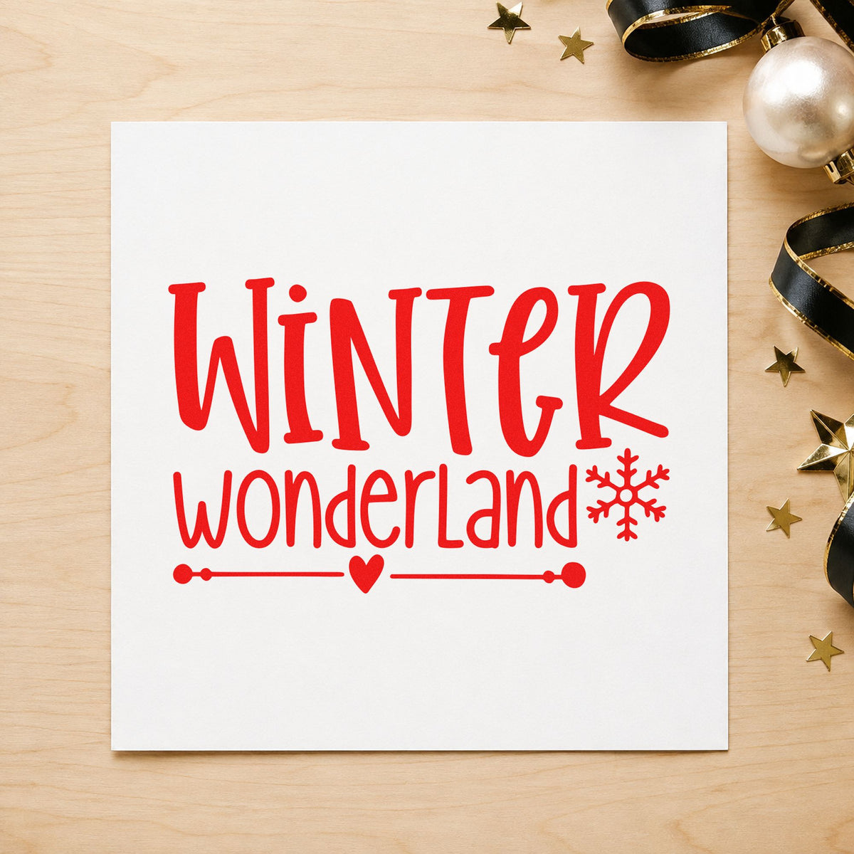 Winter Wonderland Snowflake rubber stamp shown in red ink, stamped for projects such as shelf lip labels.