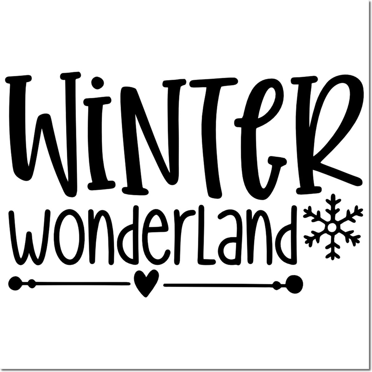 Black Winter Wonderland stamp/seal design in black with playful lettering, snowflake, heart, on a white background.