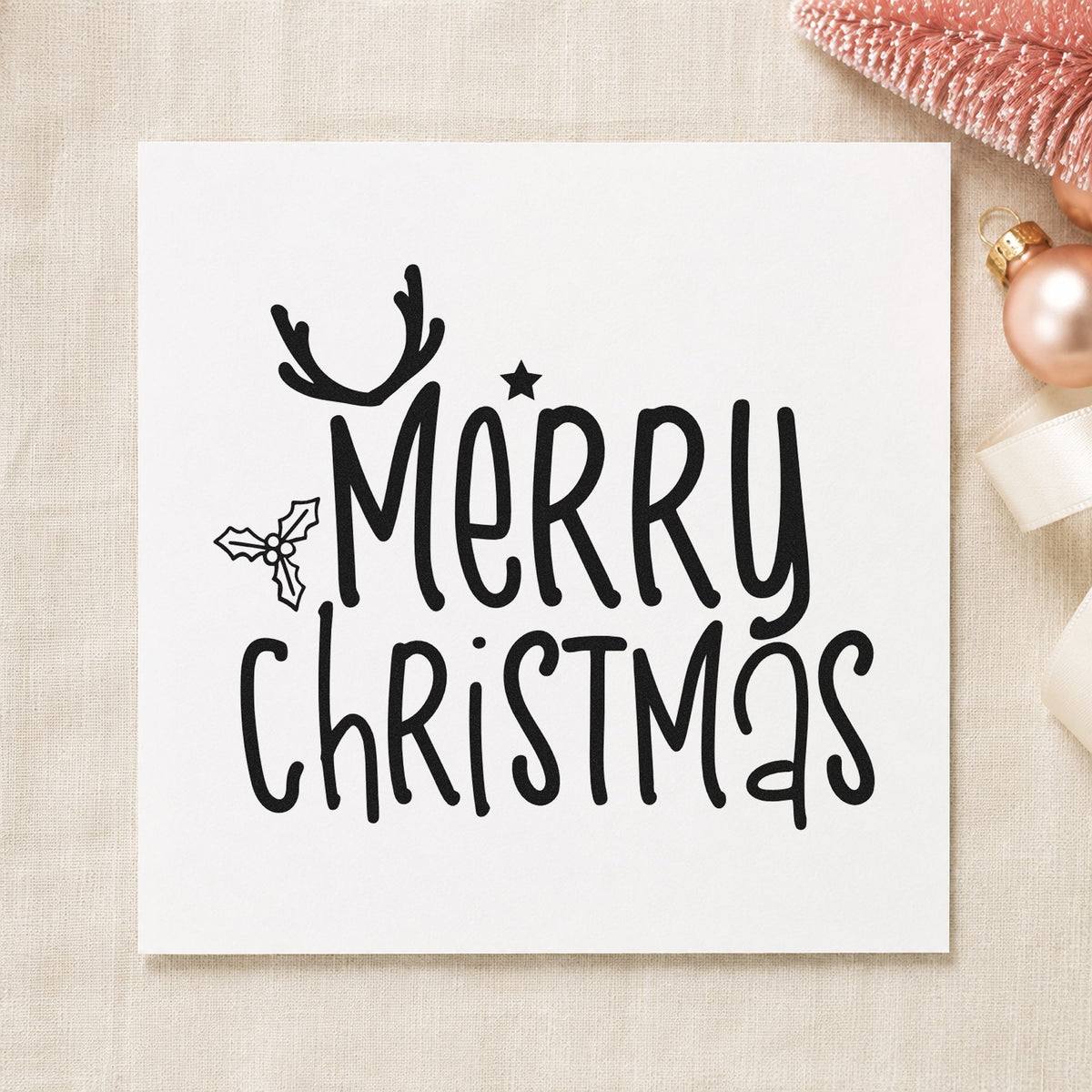 Merry Christmas Antlers Holly rubber stamp printed in black ink, ready for small antlers cards and similar paper crafts.
