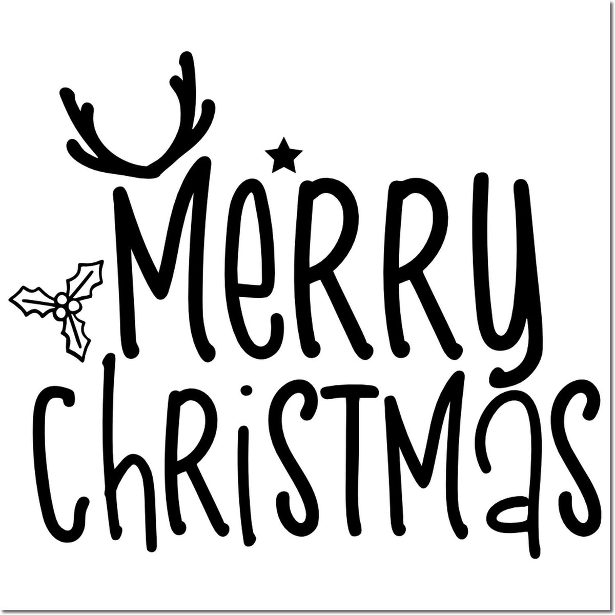 Black Merry Christmas stamp seal with antlers, holly, and star on a white background.