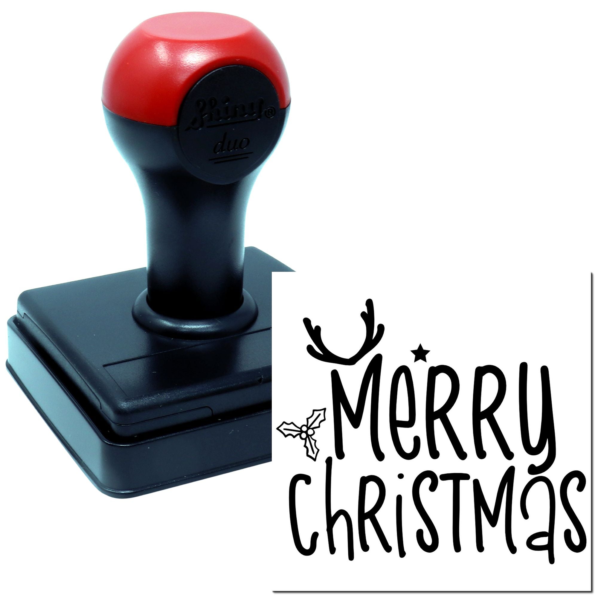 Duo Playful Merry Christmas Reindeer Holly Hand Stamp