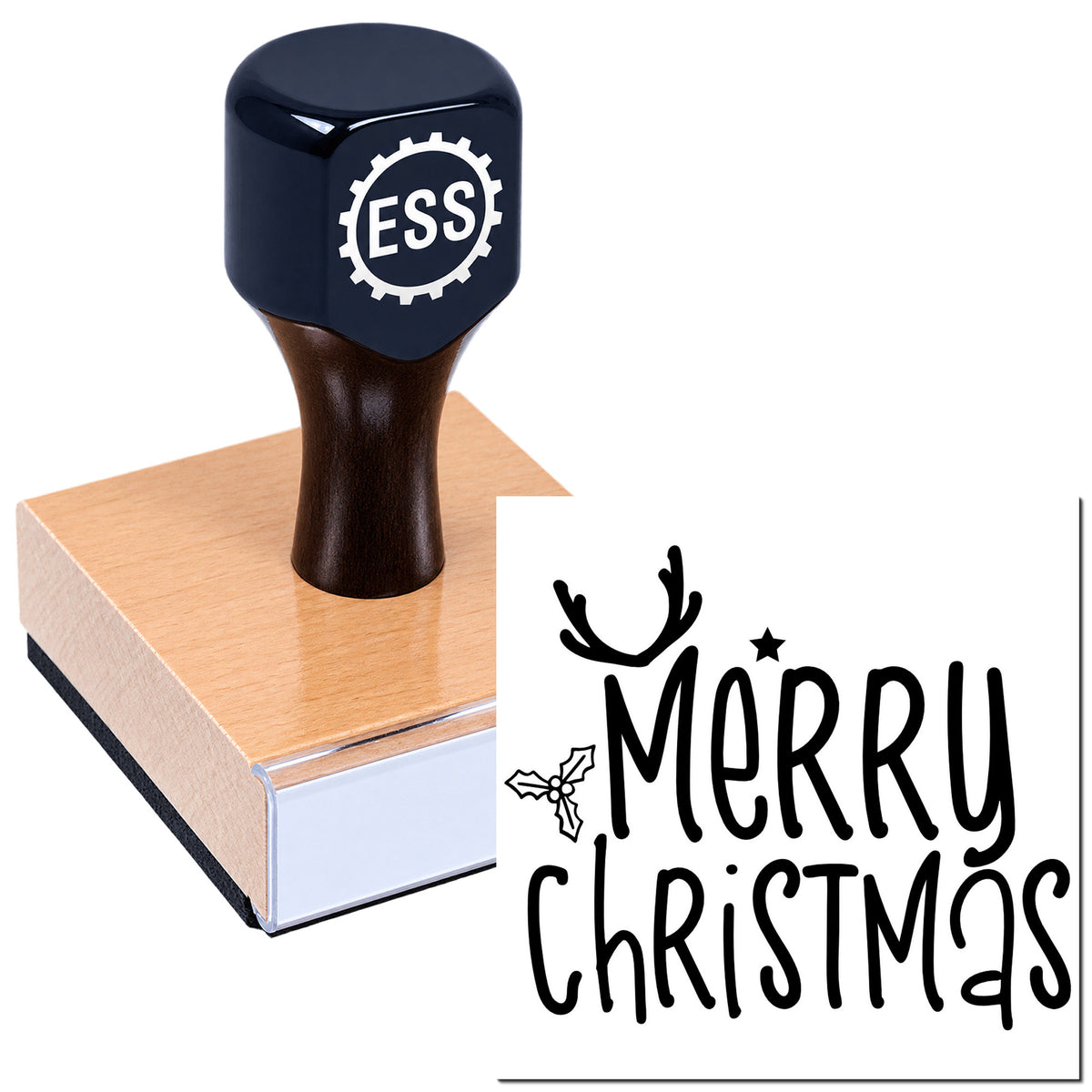 Navy ESS stamp and seal on wooden block beside black Merry Christmas design