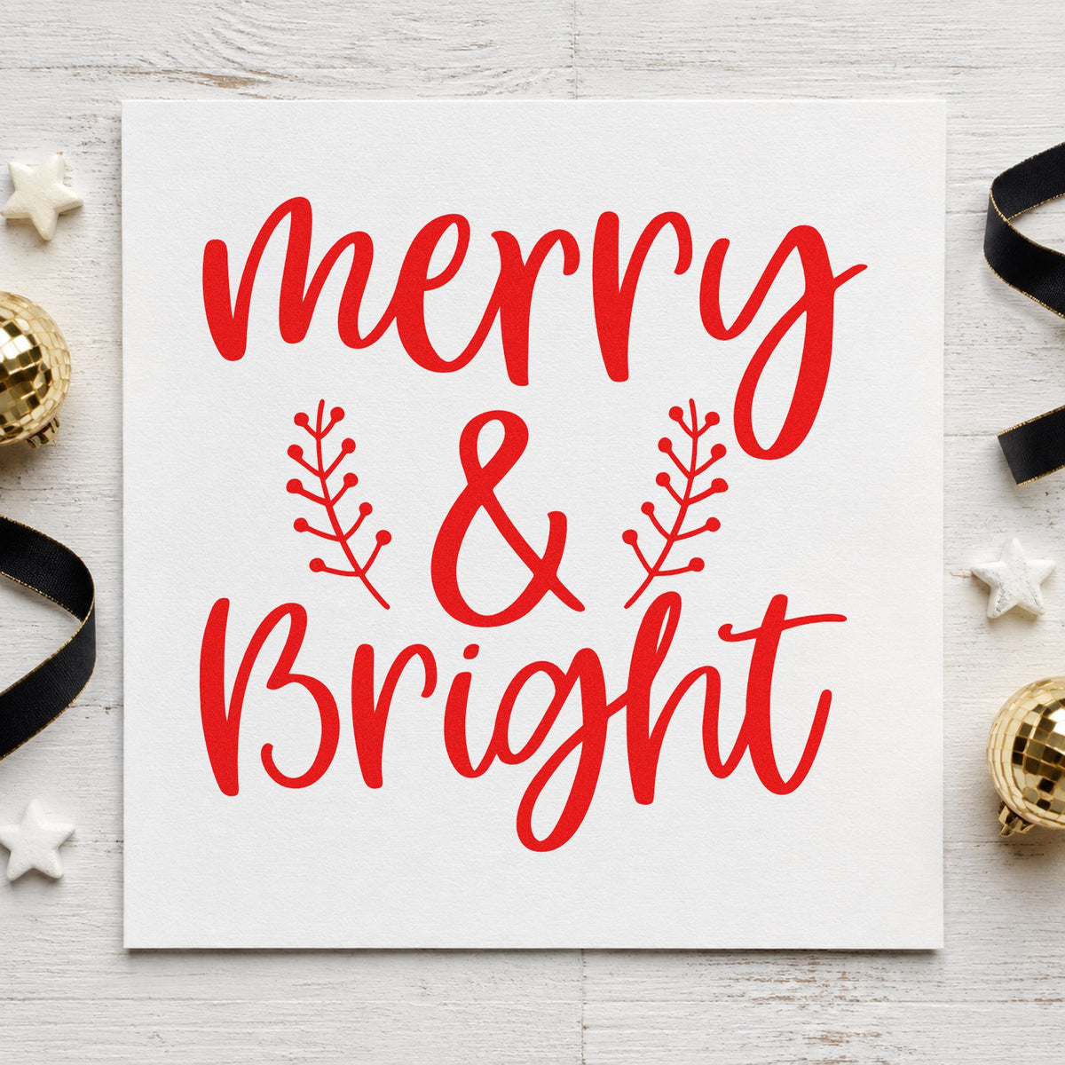 Merry And Bright Leafy Sprigs rubber stamp shown in red ink, stamped for projects such as set jar labels.