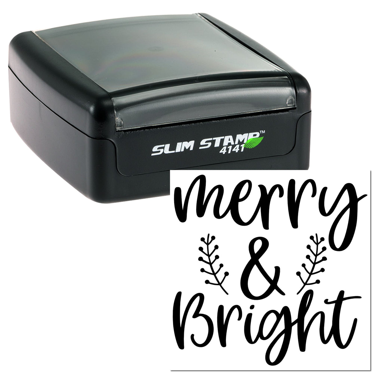 Black slim self-inking stamp seal with Merry & Bright in script and decorative branches