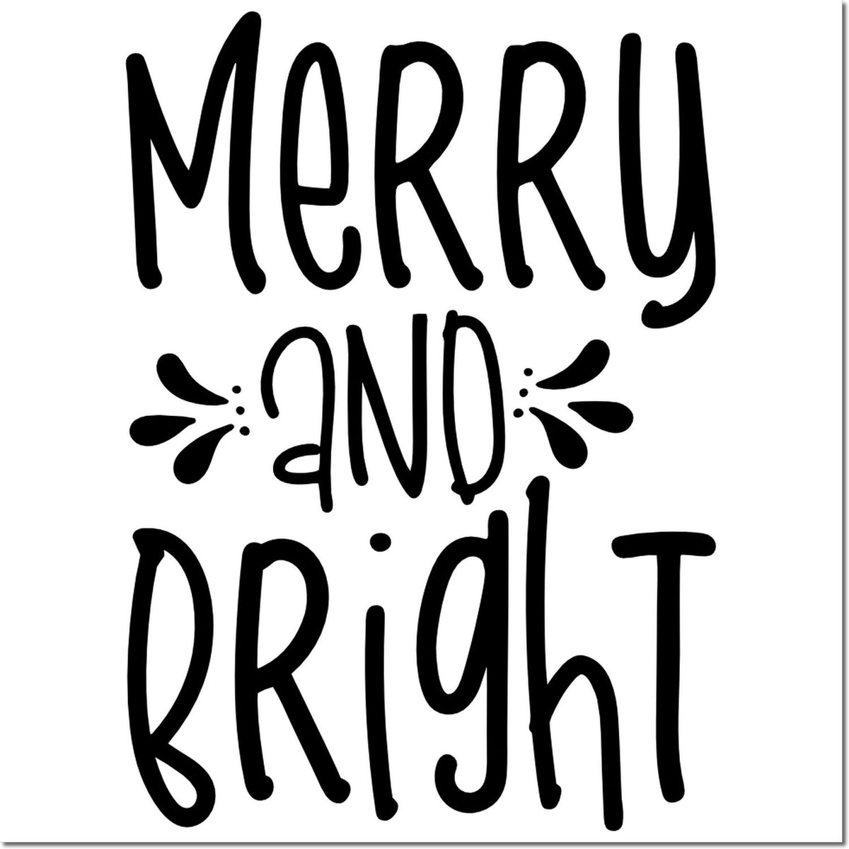 Black Merry and Bright rubber stamp design with hand-lettered text and festive accents on white background.