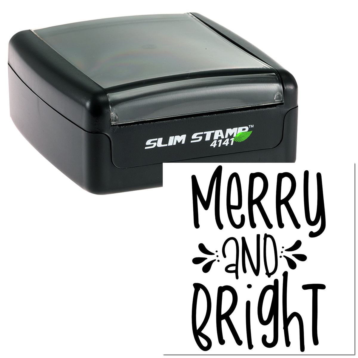 Black slim self-inking stamp with gray lid and Merry and Bright holiday seal design.