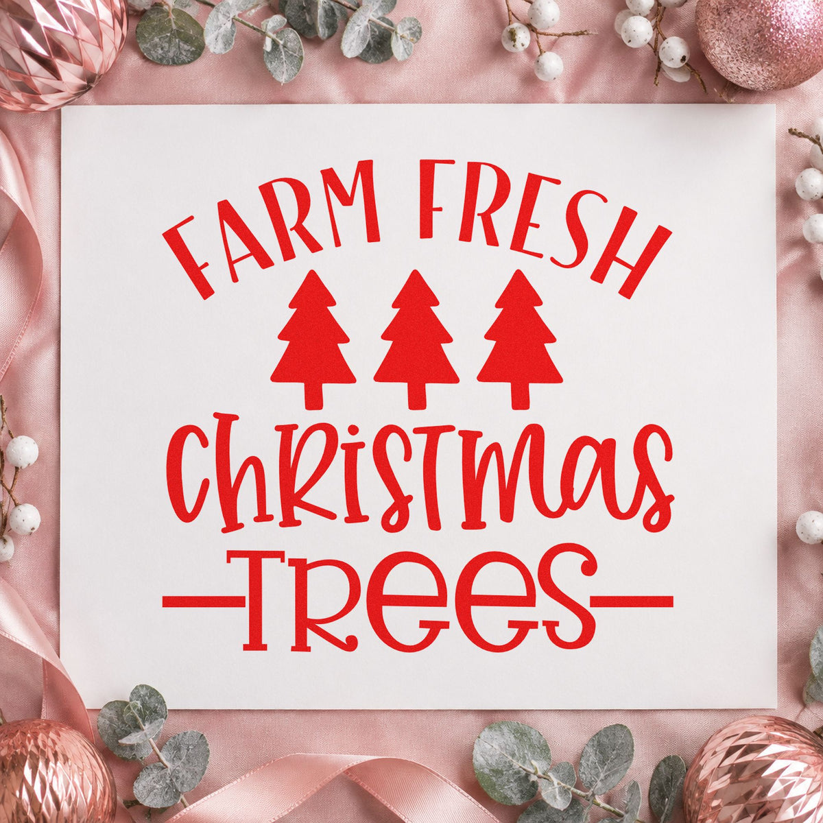 Farm Fresh Christmas Trees rubber stamp shown in red ink, stamped for projects such as pallet card labels.