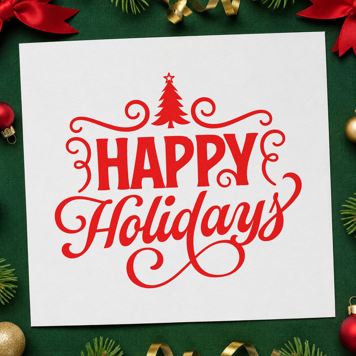 Happy Holidays Tree Flourishes craft stamp in red ink on cardstock, an easy option for tea cozy printing.