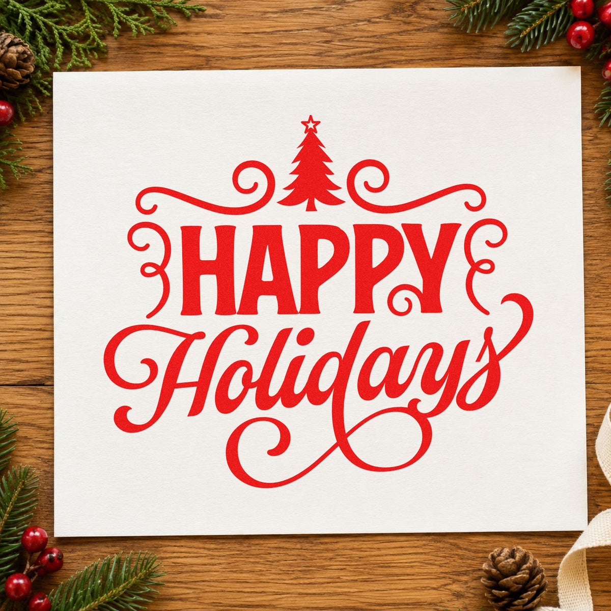 Happy Holidays Tree Flourishes rubber stamp shown in red ink, stamped for projects such as preserve lid labels.