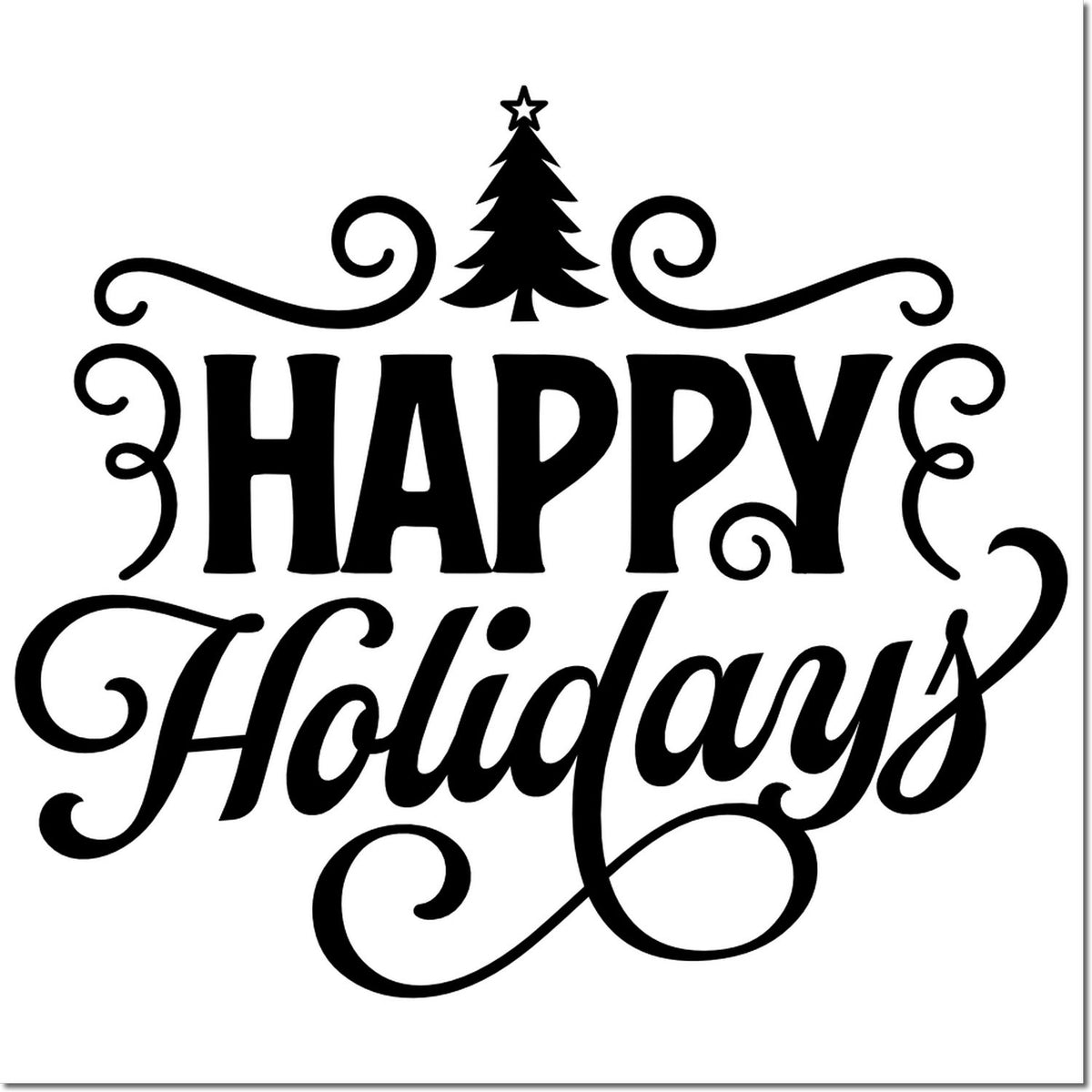 Decorative holiday stamp and seal with black Christmas tree, swirls, and Happy Holidays text on white.