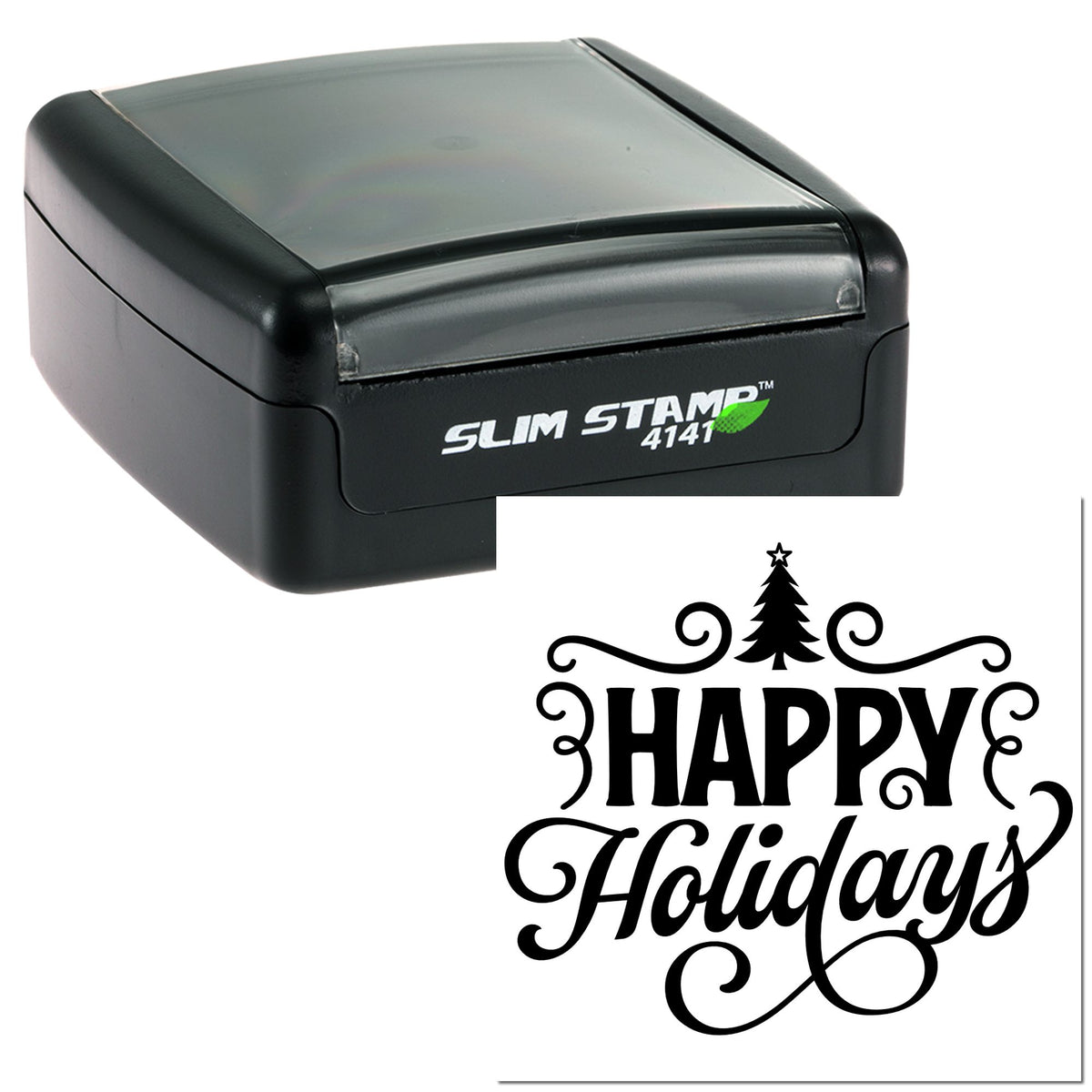 Black self-inking stamp and seal with clear top, printing a festive Happy Holidays design with tree flourish.