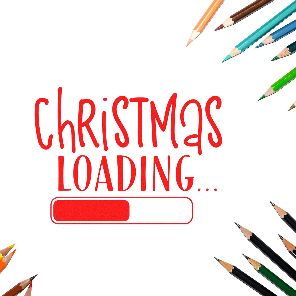Red Christmas loading stamp and seal design with progress bar, surrounded by colored pencils on a white background.