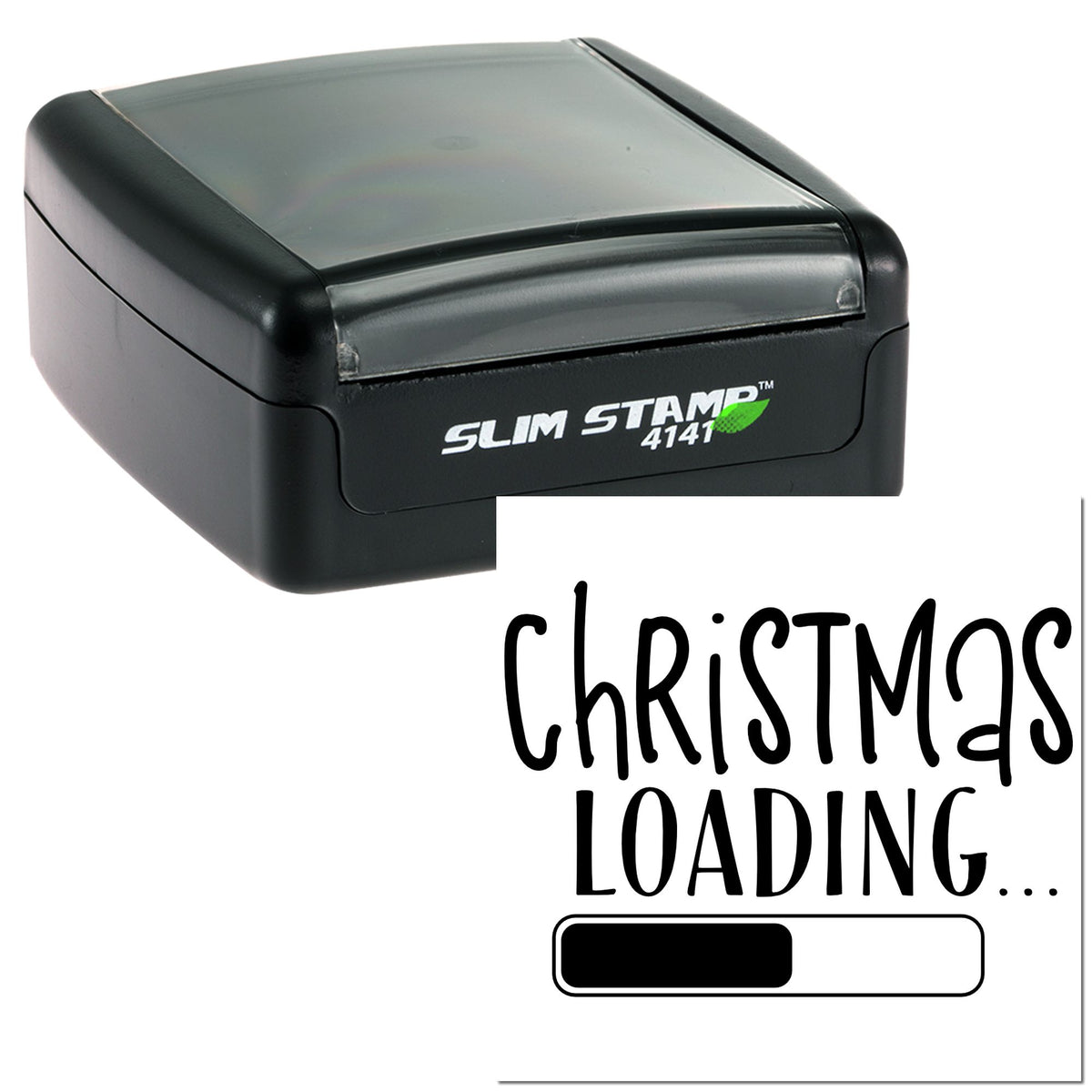 Black self-inking Slim Stamp 4141 with gray cover and Christmas Loading seal design.