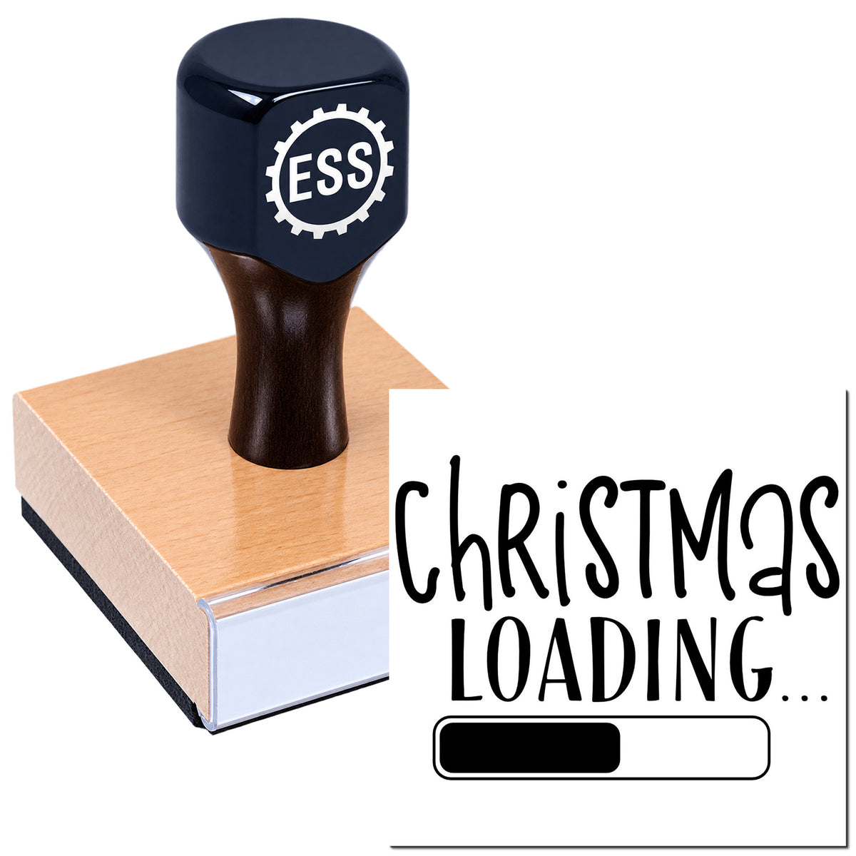 Black ESS self-inking stamp seal on a pink block beside a Christmas loading progress graphic.