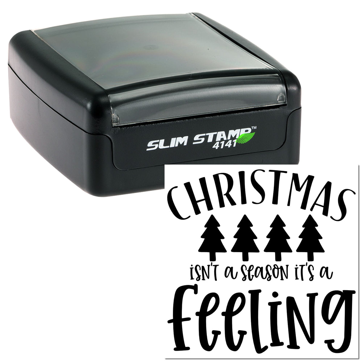 Black Slim Stamp 4141 self-inking stamp and seal with Christmas greeting, black lettering, and tree design.