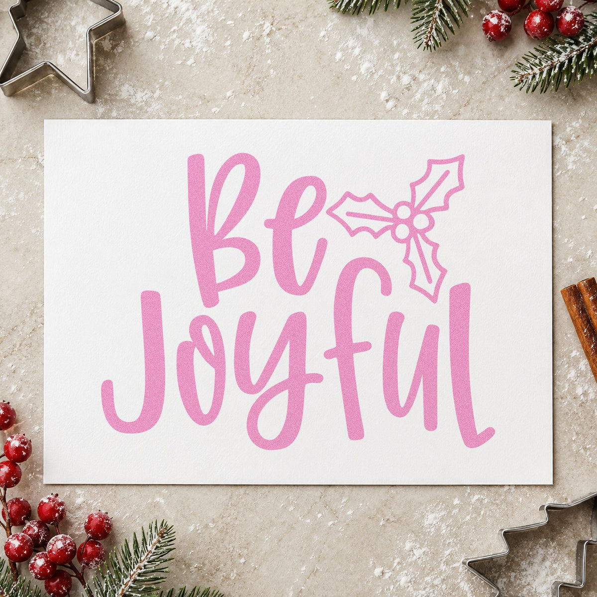 Be Joyful Holly craft stamp in purple ink on cardstock, an easy option for mood album page.
