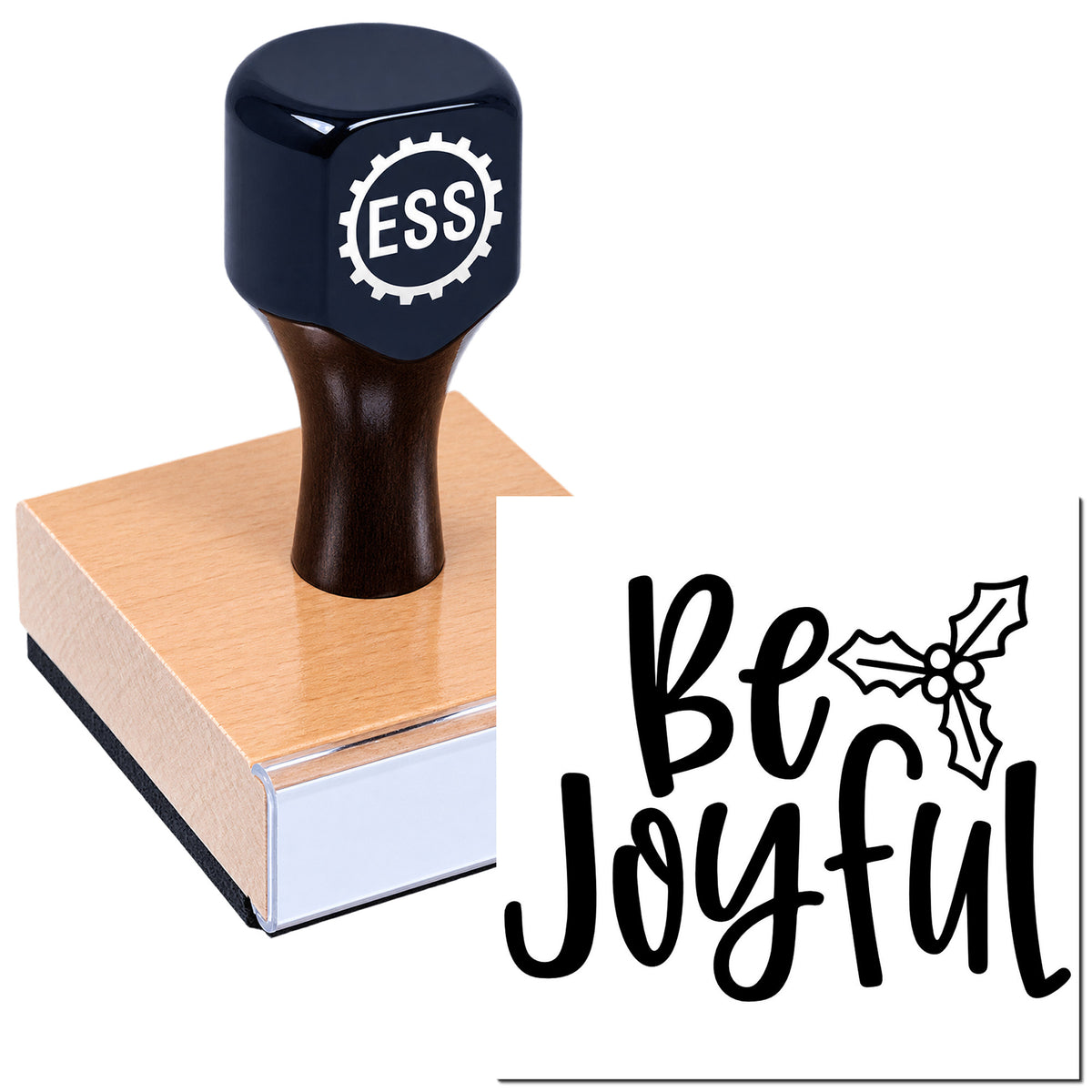 Black ESS stamp and seal on a wooden block, paired with a white "Be Joyful" holiday seal design.