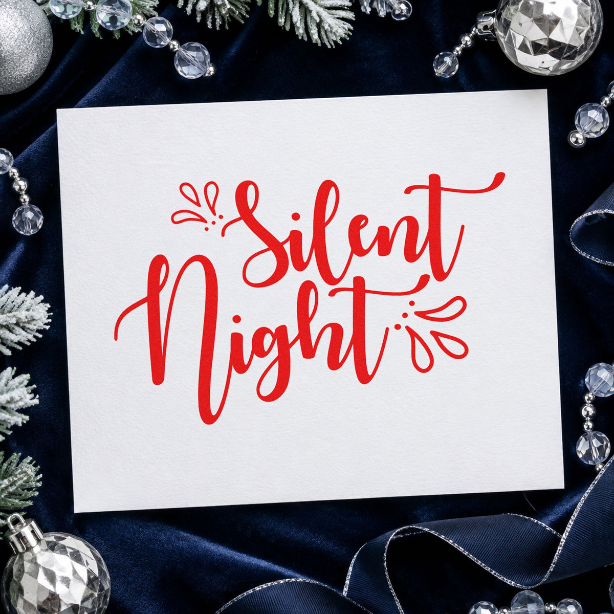 Silent Night Leaf Accents rubber stamp shown in red ink, stamped for projects such as shelf section labels.